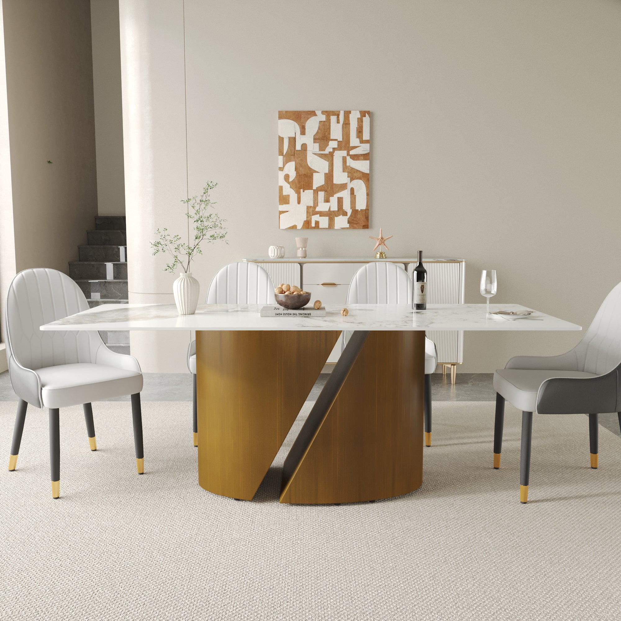TH Rectangular Dining Table | Sintered Stone Tabletop | Artistic Gold Pedestal Base