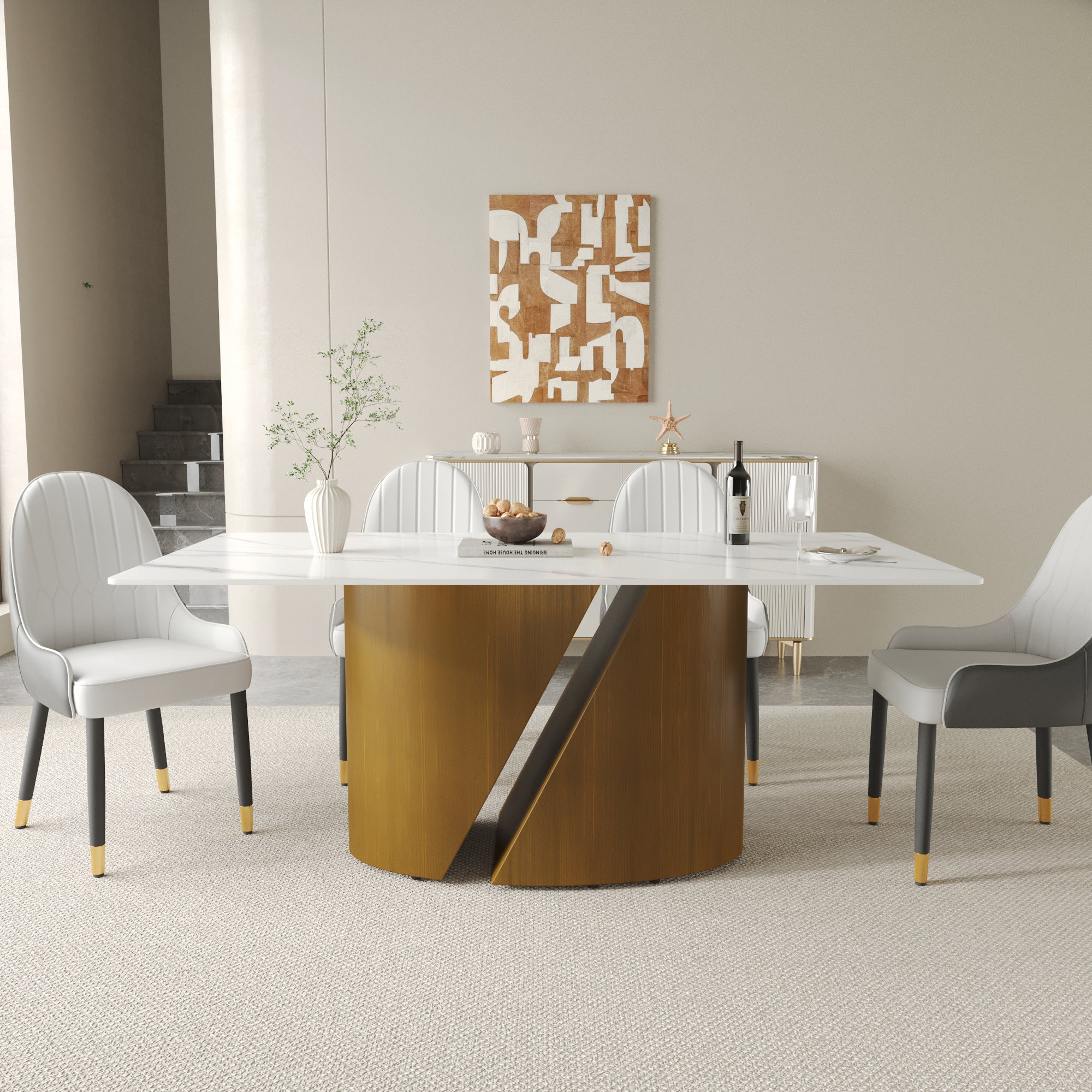 TH Rectangular Dining Table | Sintered Stone Tabletop | Artistic Gold Pedestal Base