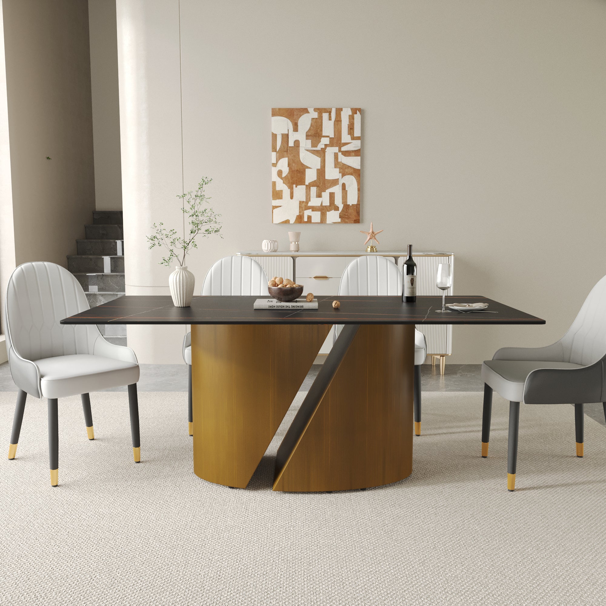 TH Rectangular Dining Table | Sintered Stone Tabletop | Artistic Gold Pedestal Base