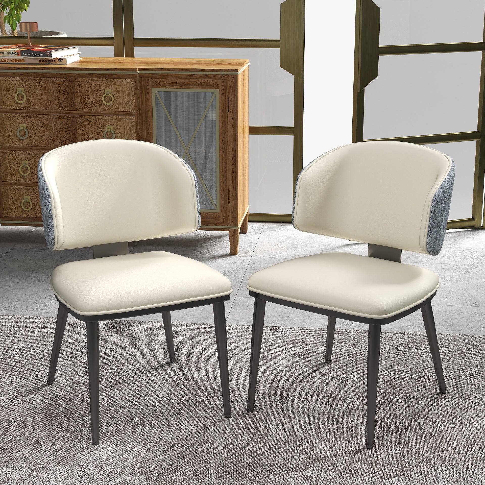 TH Minimalist Luxury Dining Chair Set of 2 | Vegan Leather | Metal Legs