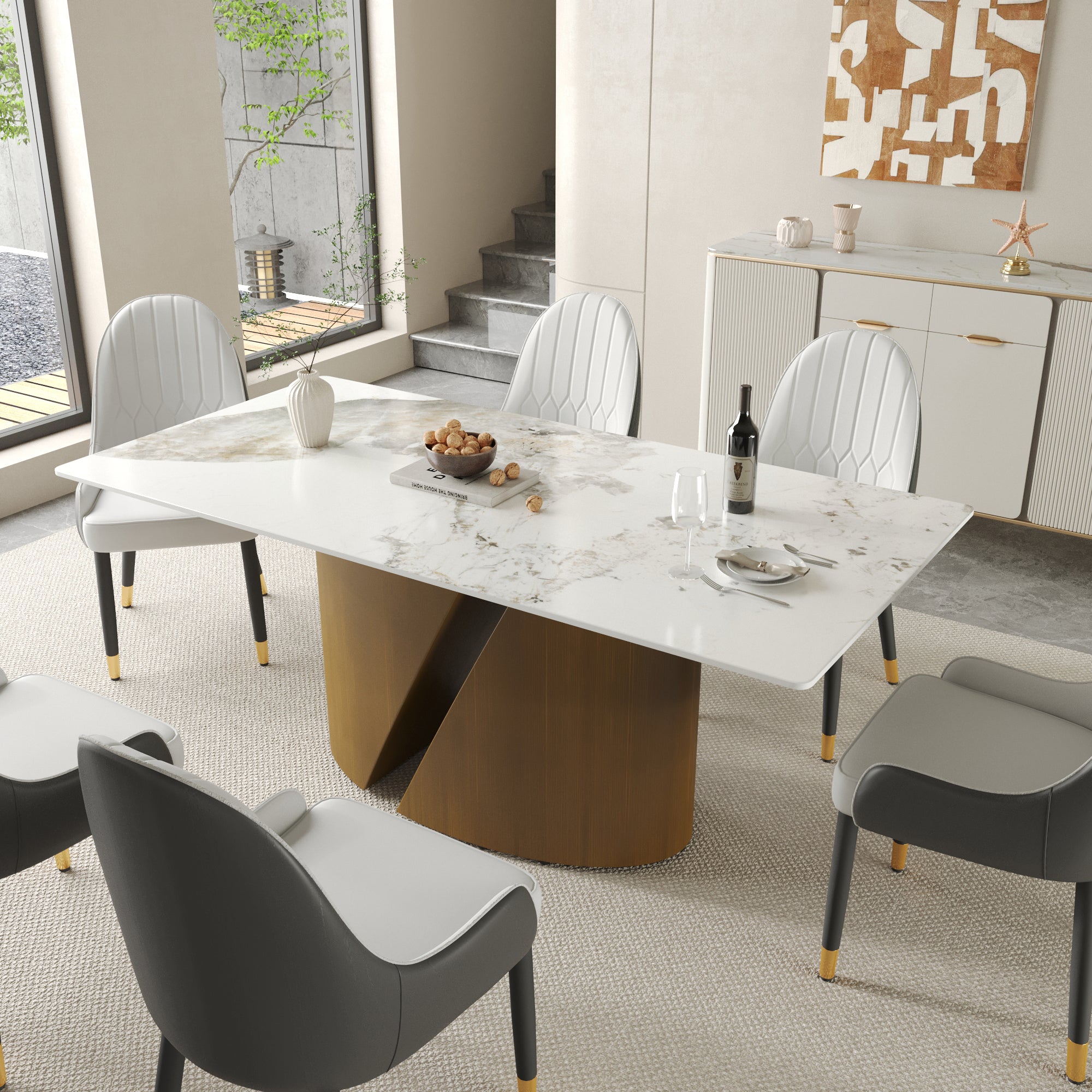 TH Rectangular Dining Table | Sintered Stone Tabletop | Artistic Gold Pedestal Base