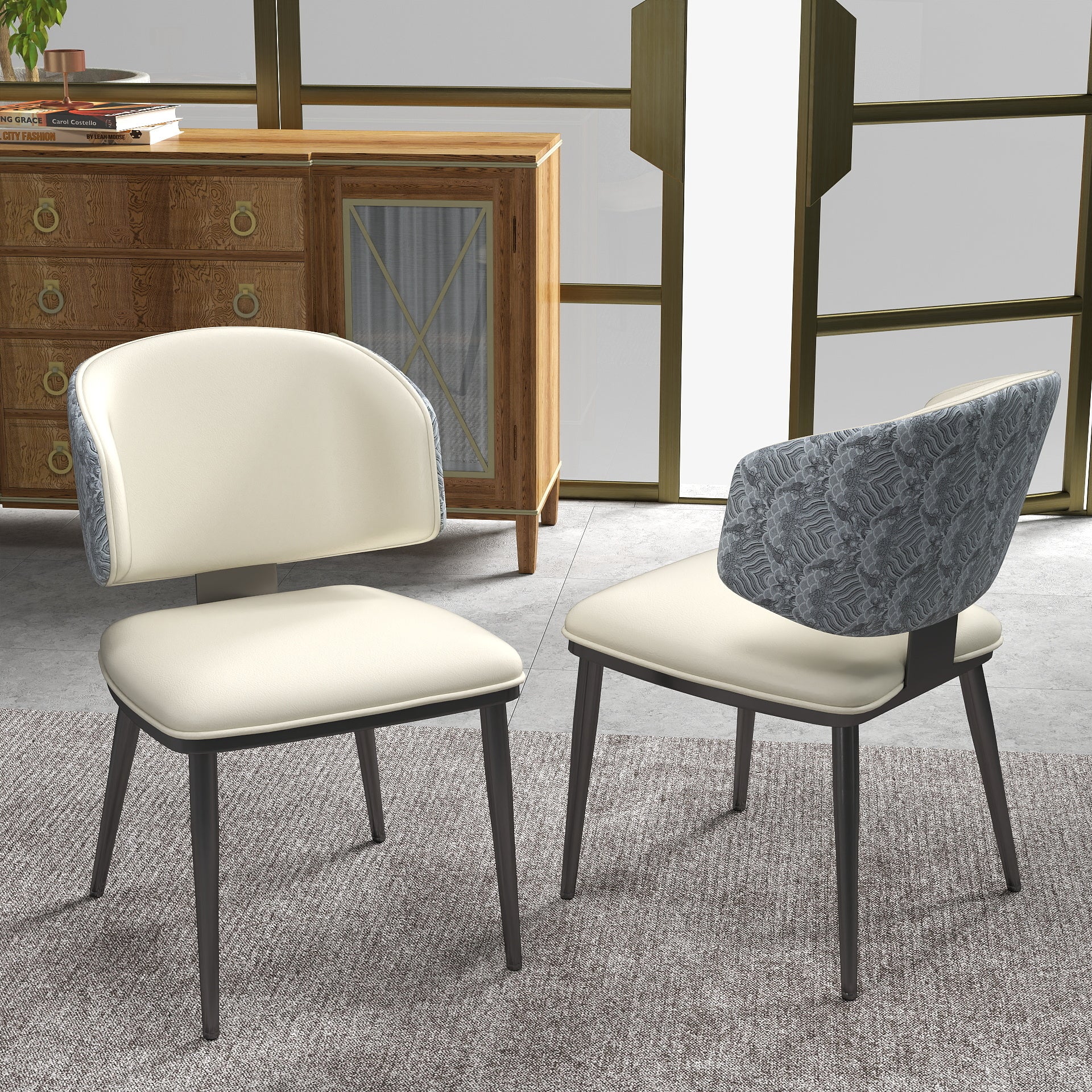 TH Minimalist Luxury Dining Chair Set of 2 | Vegan Leather | Metal Legs