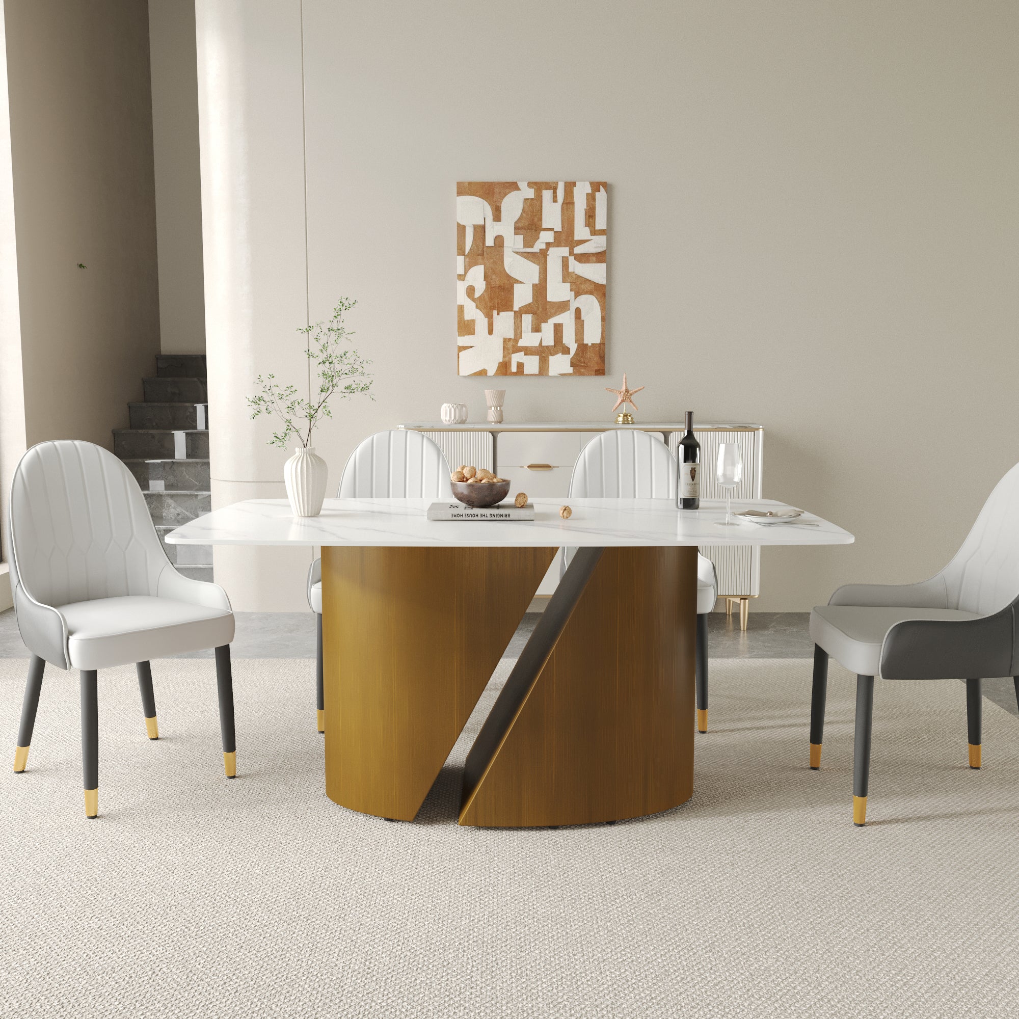 TH Rectangular Dining Table | Sintered Stone Tabletop | Artistic Gold Pedestal Base