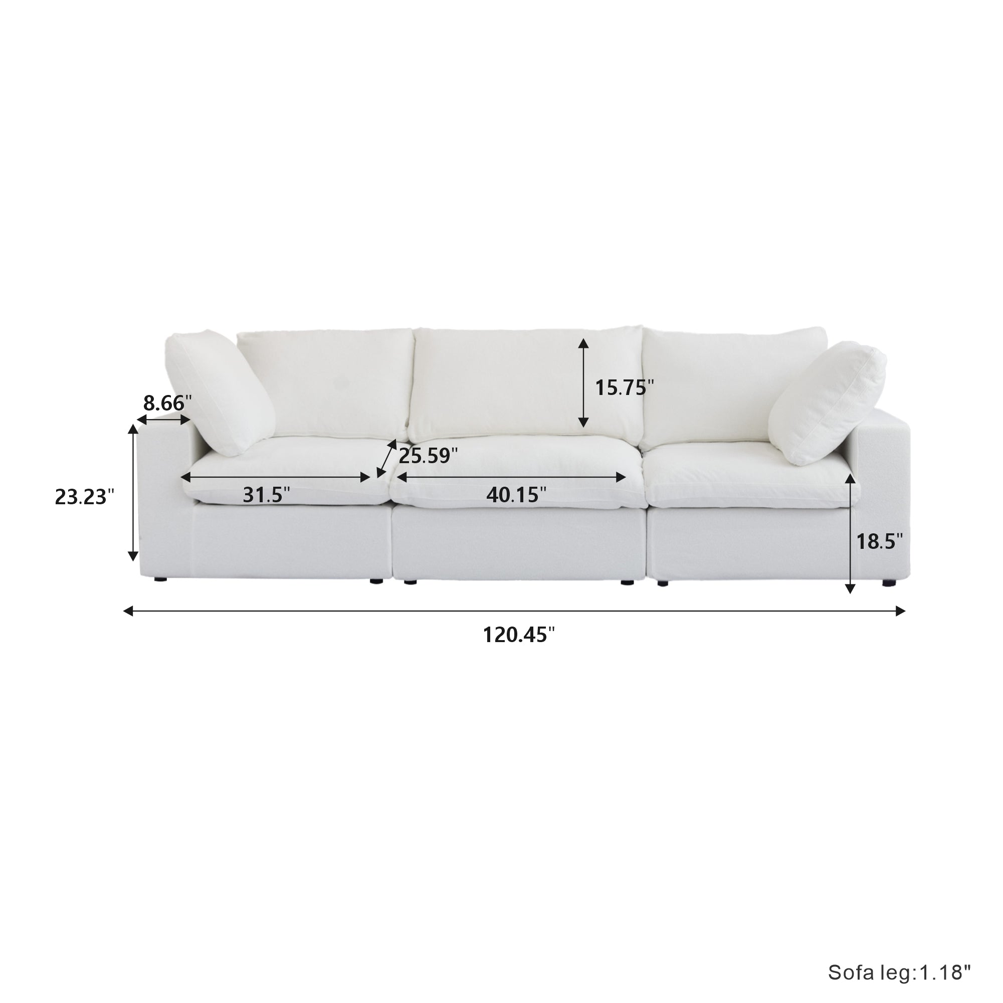 TH Classic Linen Cloud Sectional Modular Sofa | Replaceable Cover 122-Inch Linen Sleepers 3-Seaters