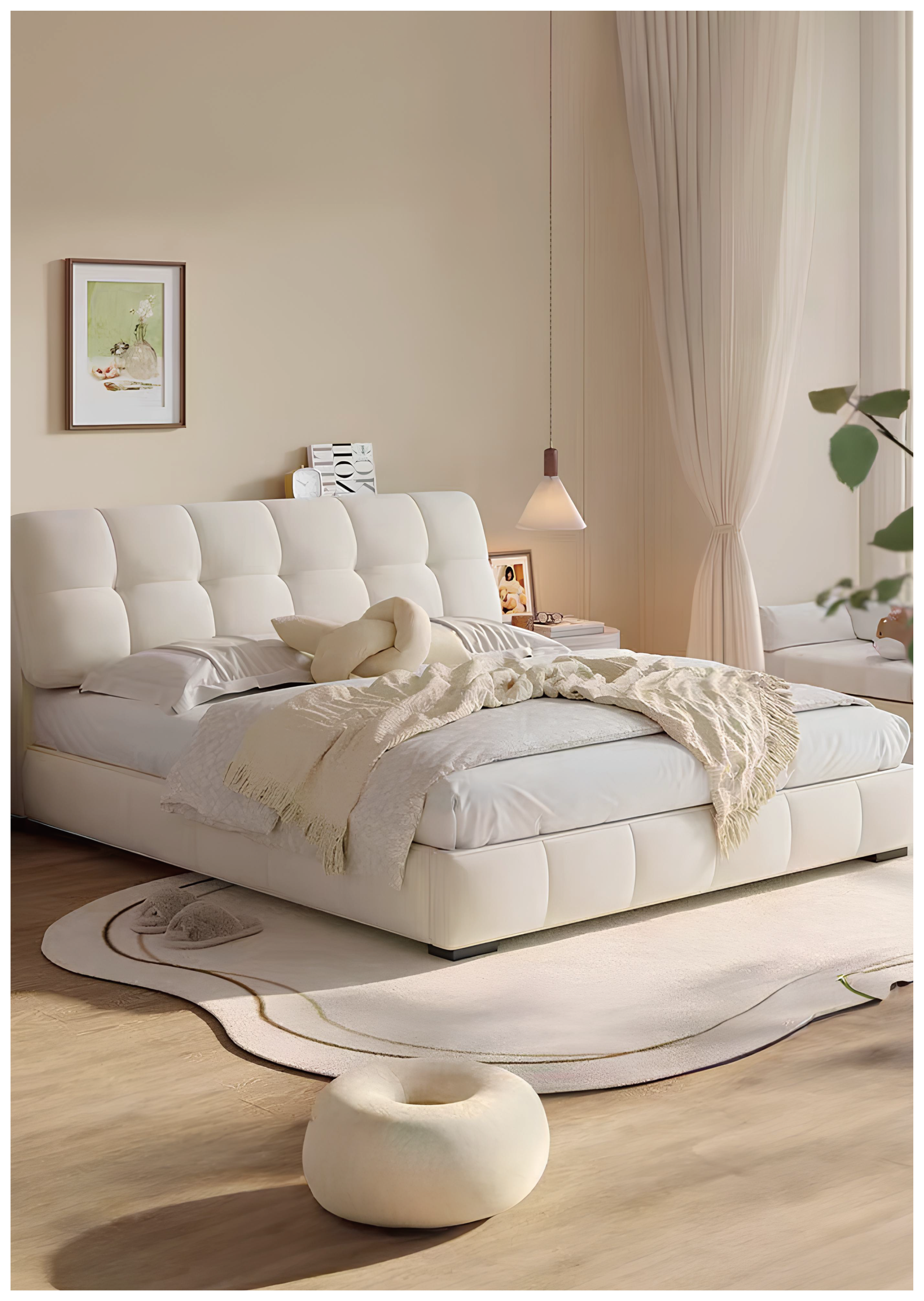 Bed Frame Soft White Valvet Fabric Queen/King Size (Do not ship-Local delivery only)