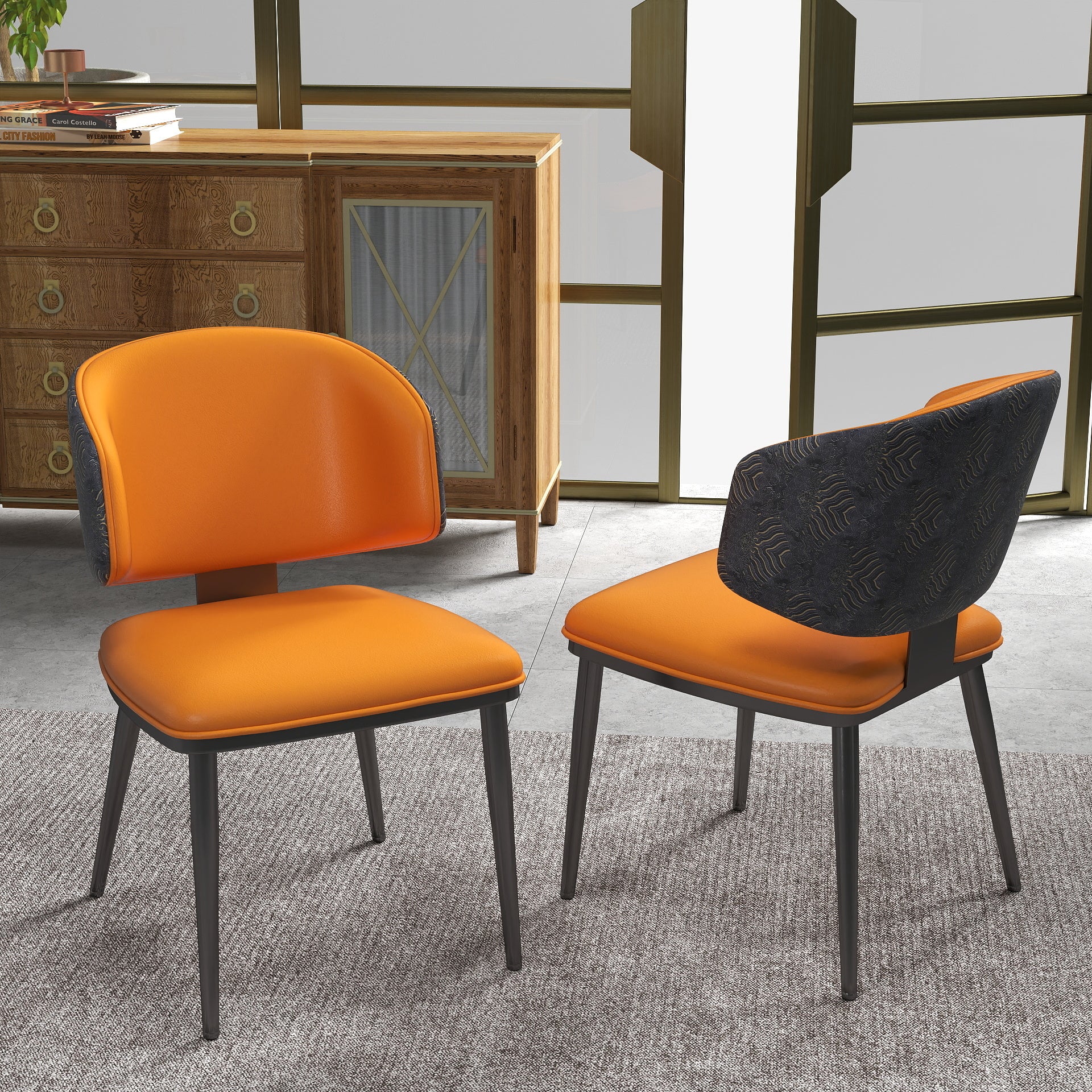 TH Minimalist Luxury Dining Chair Set of 2 | Vegan Leather | Metal Legs