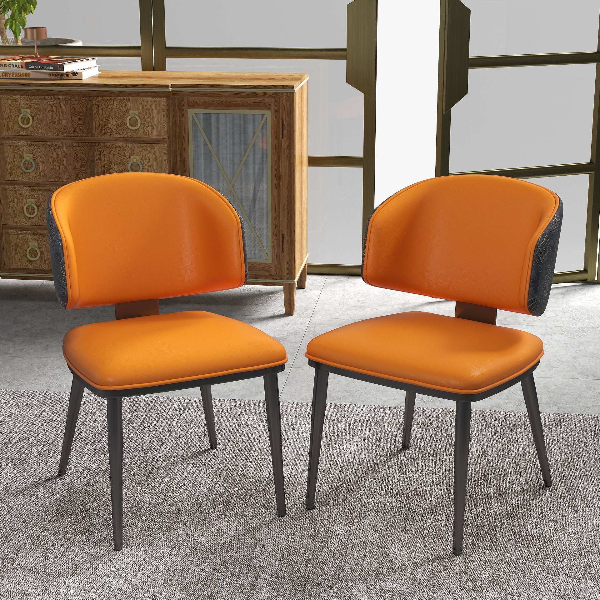 TH Minimalist Luxury Dining Chair Set of 2 | Vegan Leather | Metal Legs