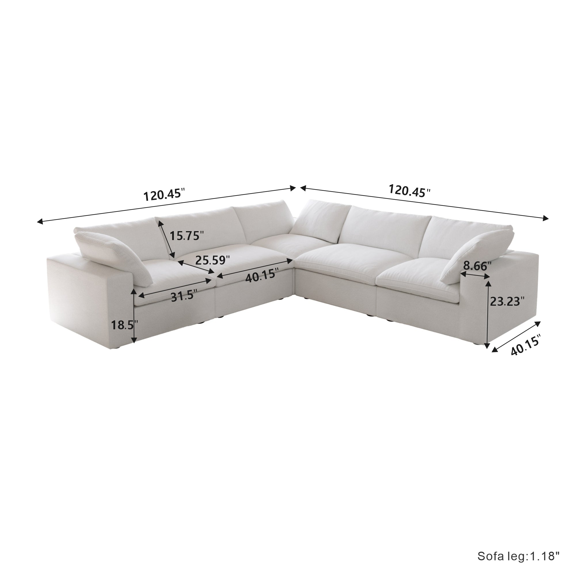 TH Classic Linen Cloud Sectional Modular Sofa | Pet-Friendly Cover 122-Inch Linen Corner Sectionals 5-Seaters