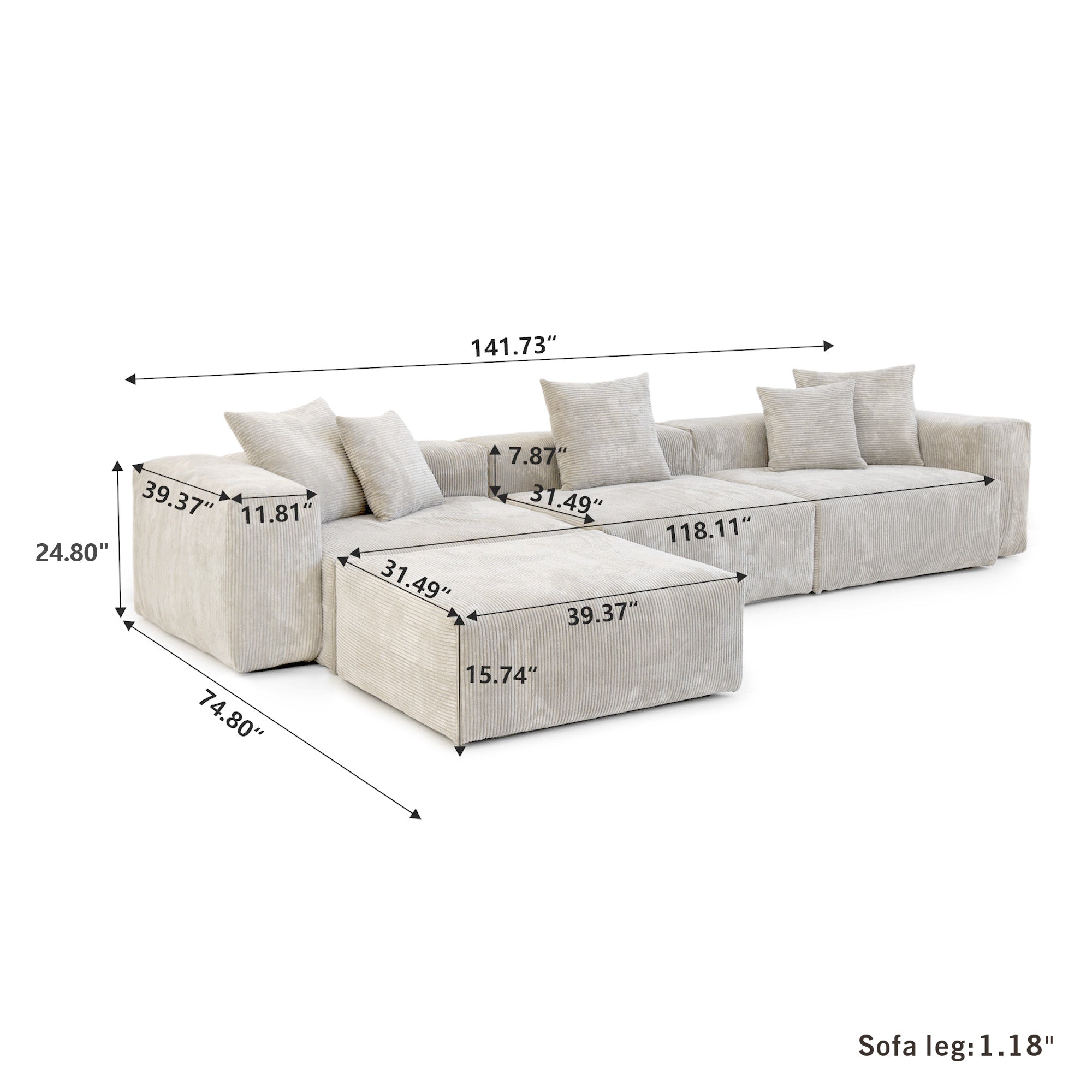 TH Pixel Modern Sectional Modular Sofa | Modular Comfort 142-Inch Corduroy U-Shaped Sectionals 5-Seaters