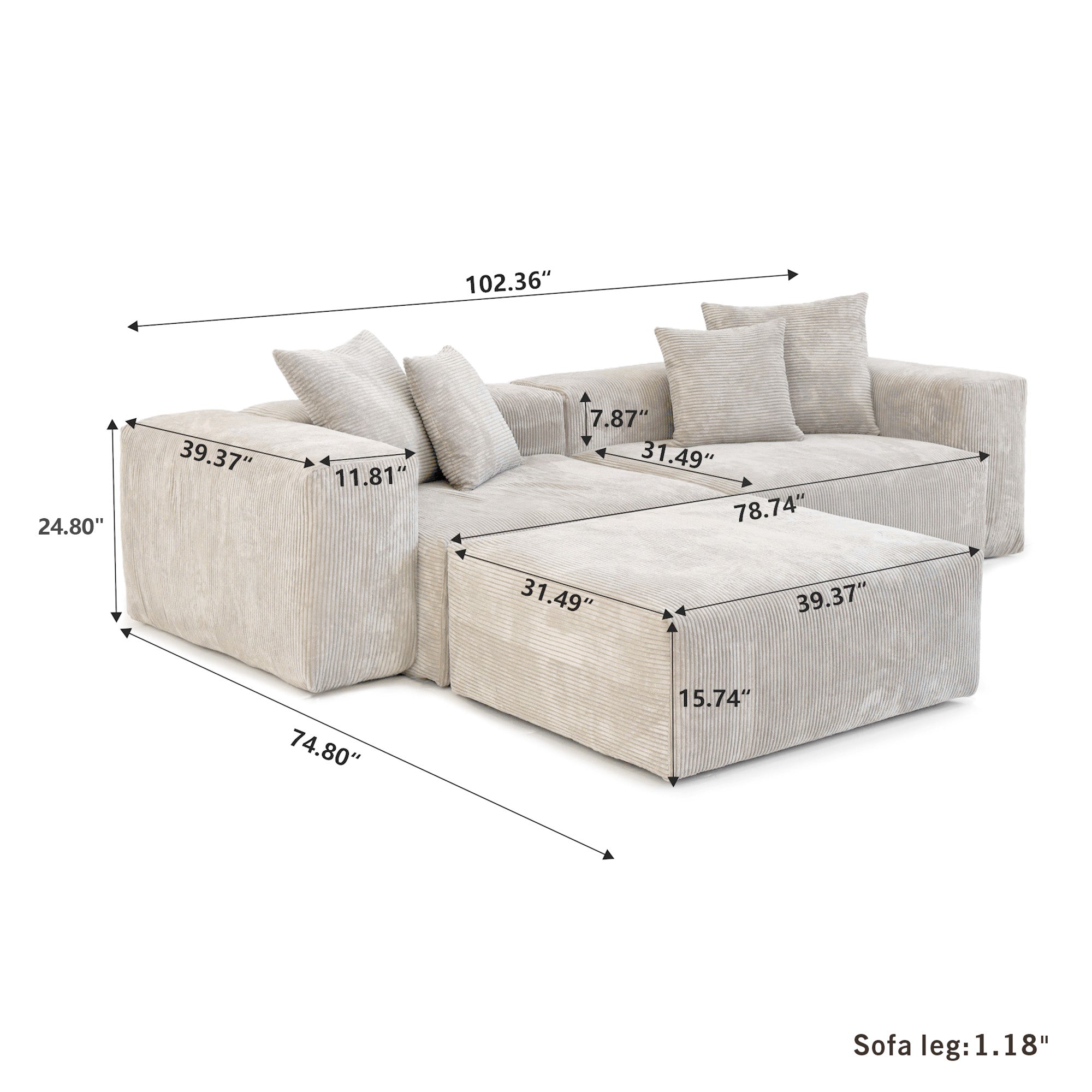 TH Pixel Modern Sectional Modular Sofa | Comfort Relaxation Corduroy Chaise Sectionals 3-Seaters