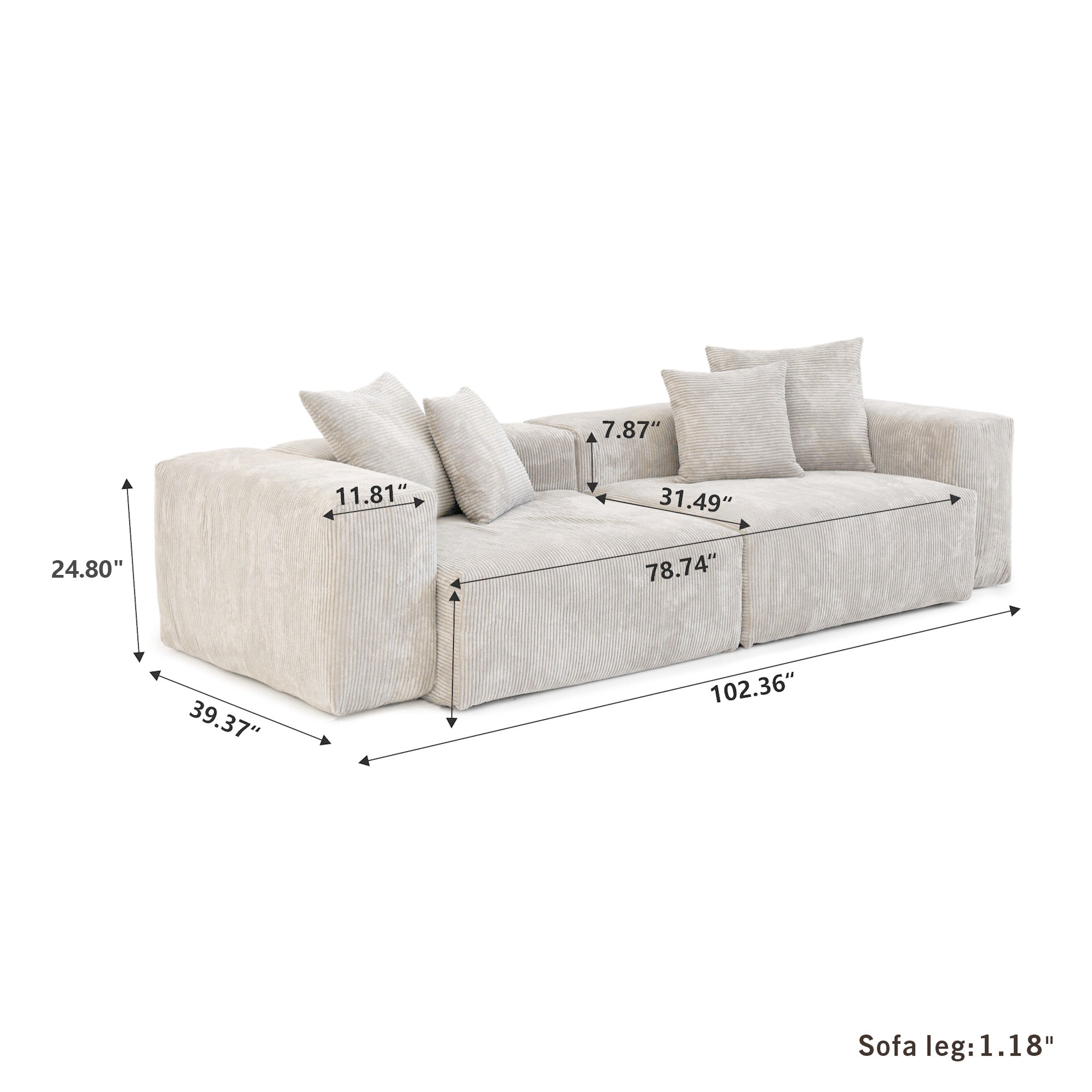 TH Pixel Modern Sectional Modular Sofa | Pet-Friendly 102-Inch Corduroy Sleepers 2-Seaters