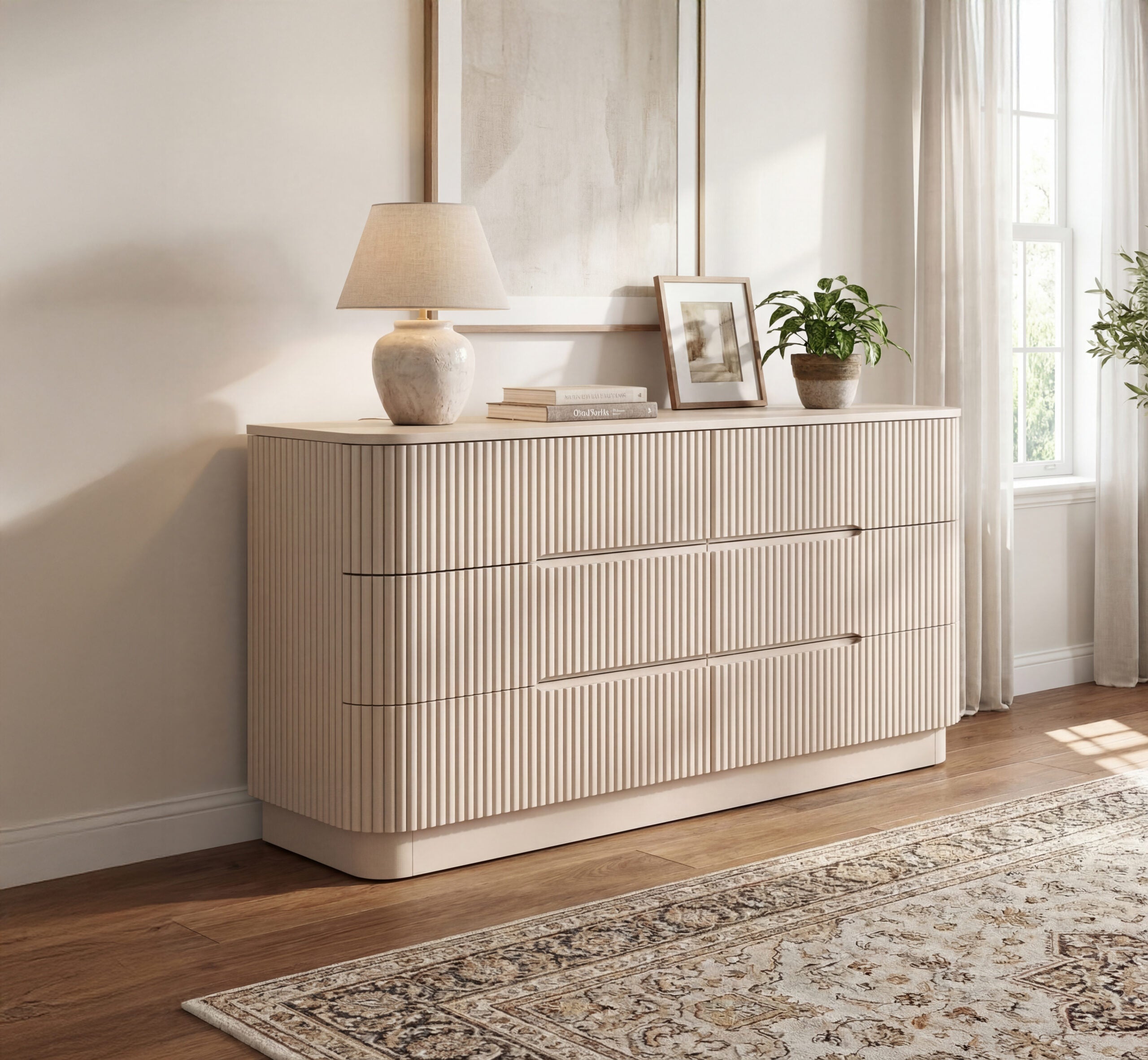 Beige Fluted 6-Drawer Dresser | Modern Minimalist Storage Cabinet