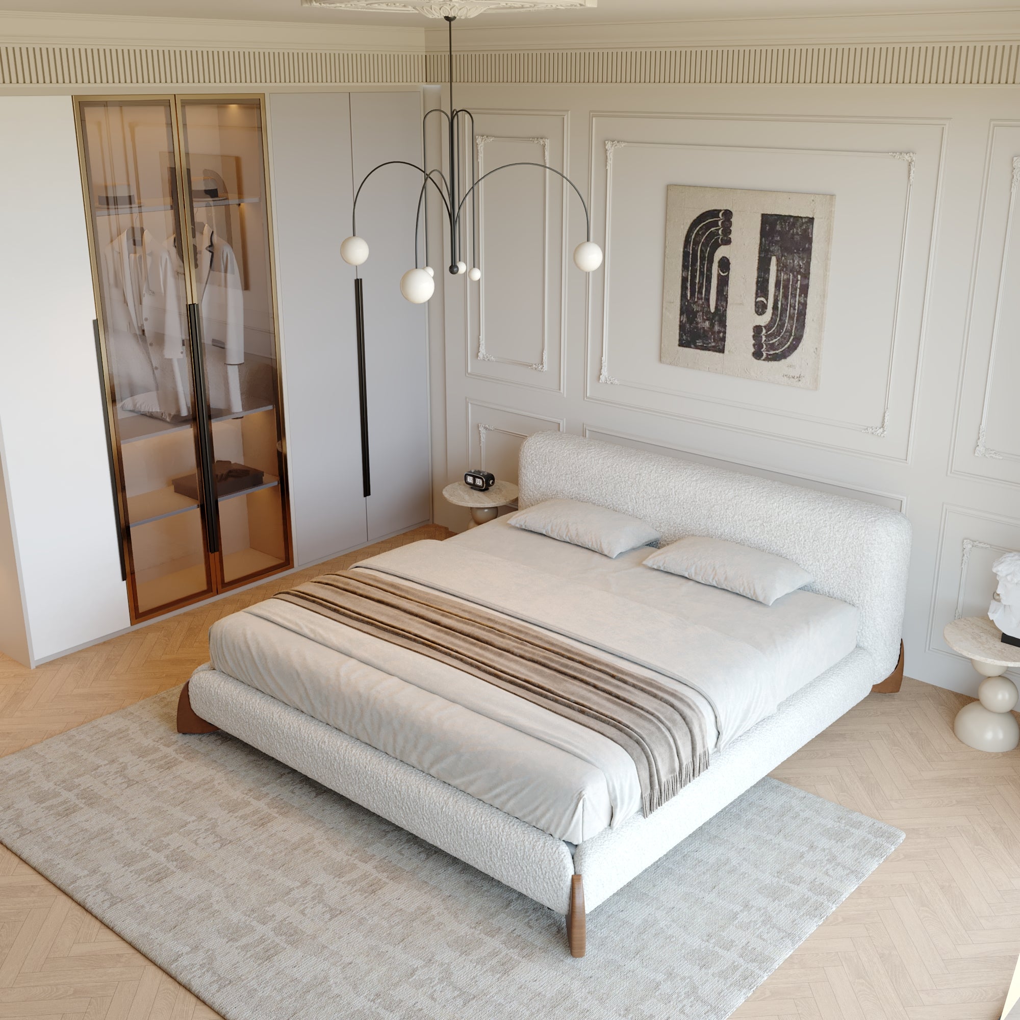 Boucle Upholstered Platform Bed – Queen & King Size