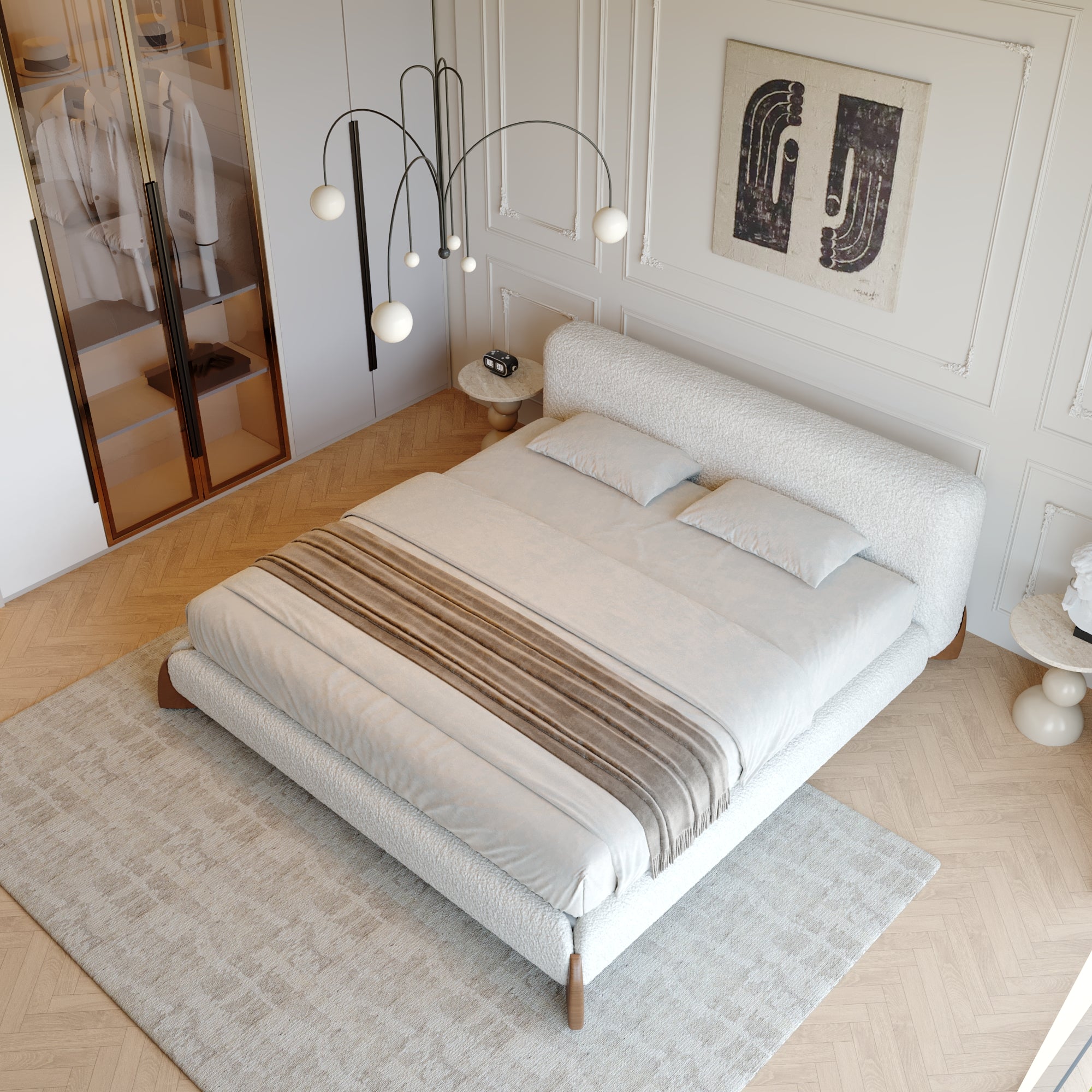 Boucle Upholstered Platform Bed – Queen & King Size