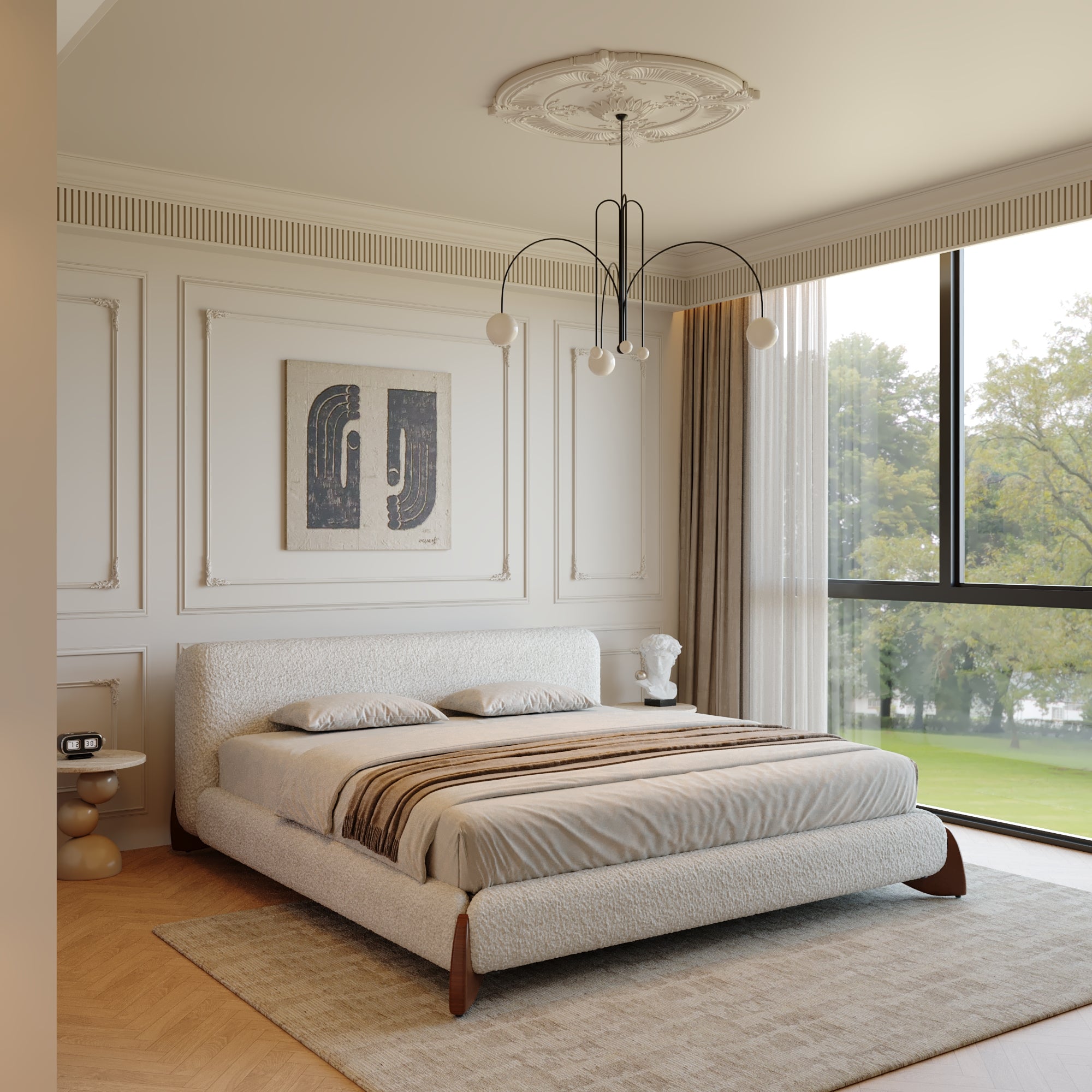 Boucle Upholstered Platform Bed – Queen & King Size