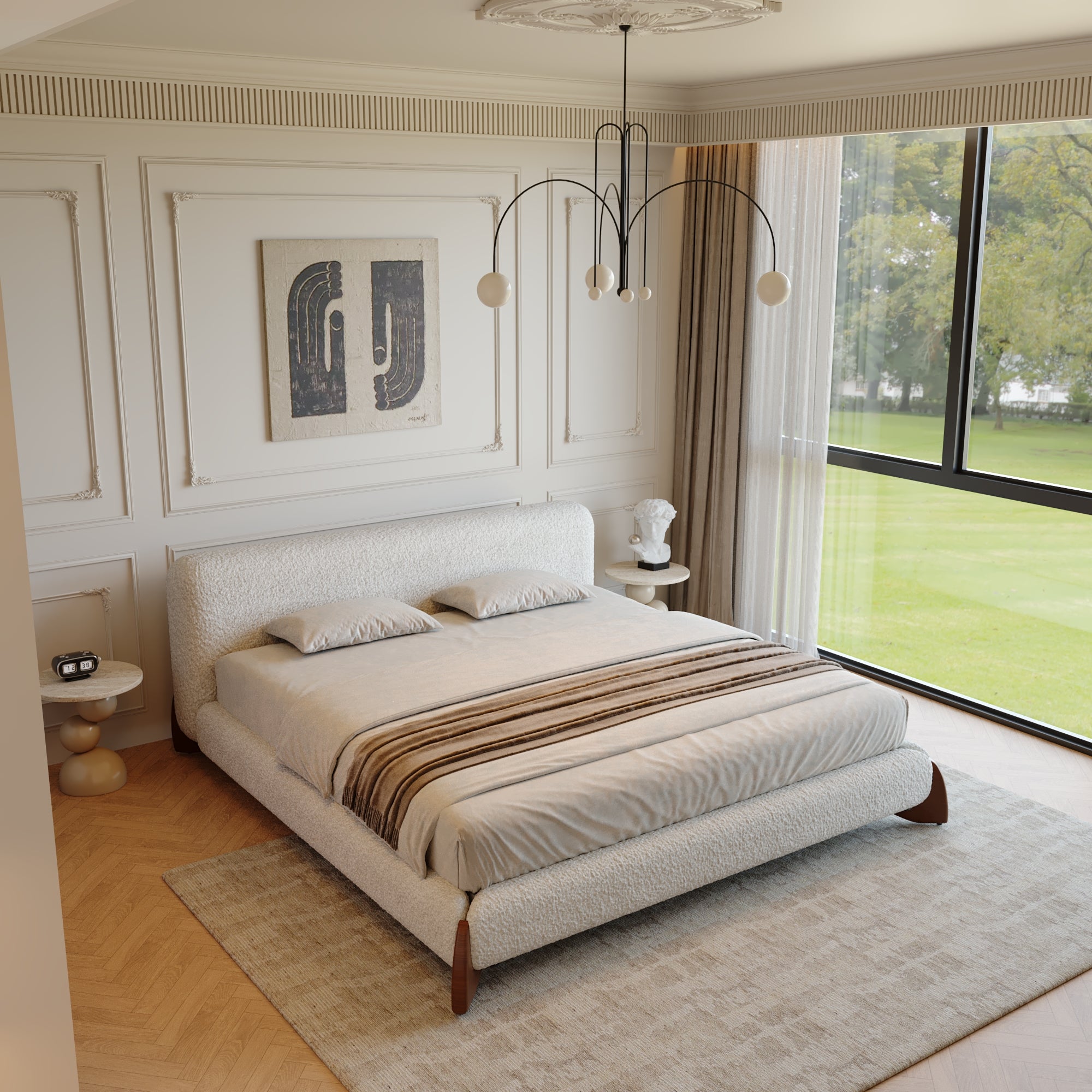 Boucle Upholstered Platform Bed – Queen & King Size