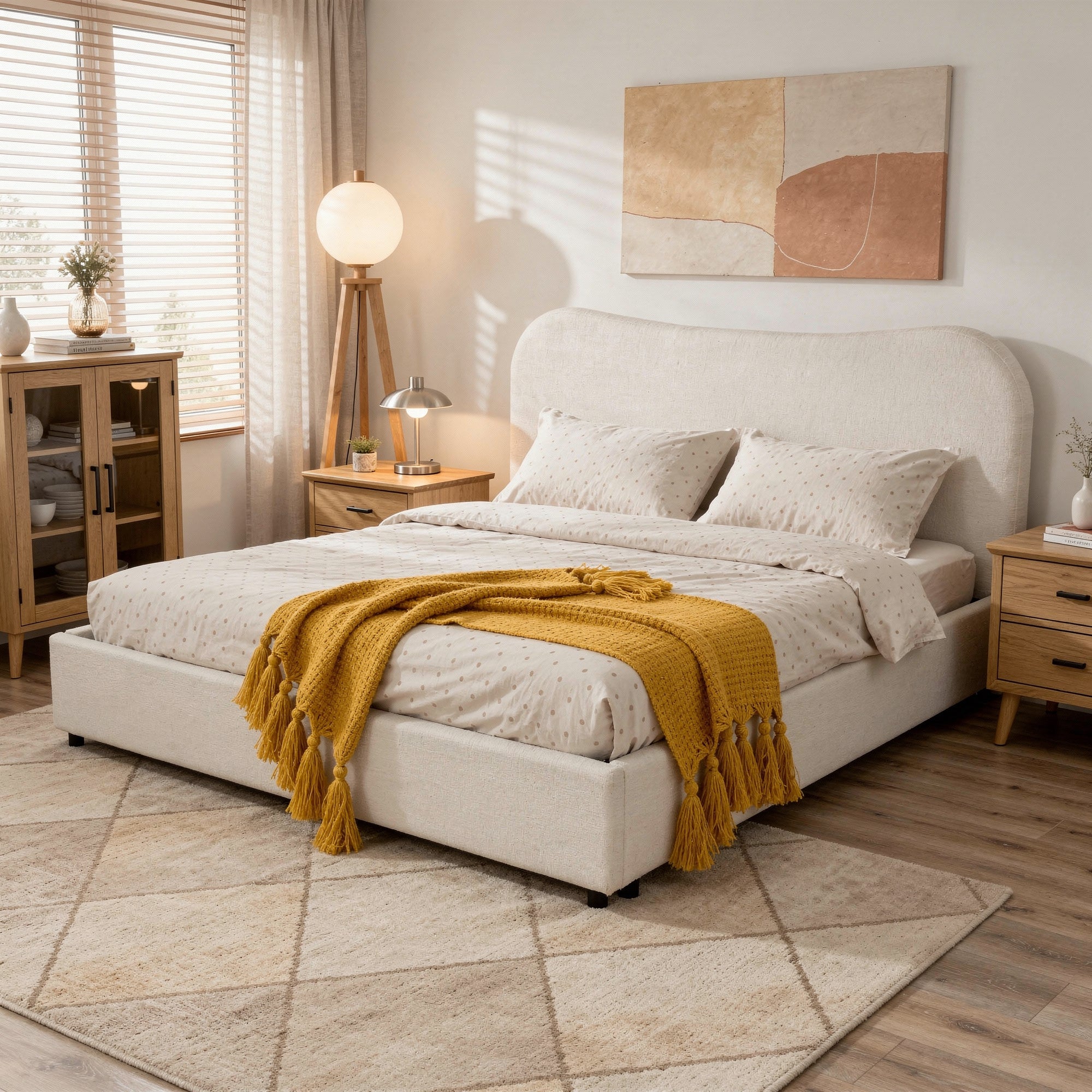 Wave-Shaped Upholstered Platform Bed – 2 Color Options, Queen & King Size