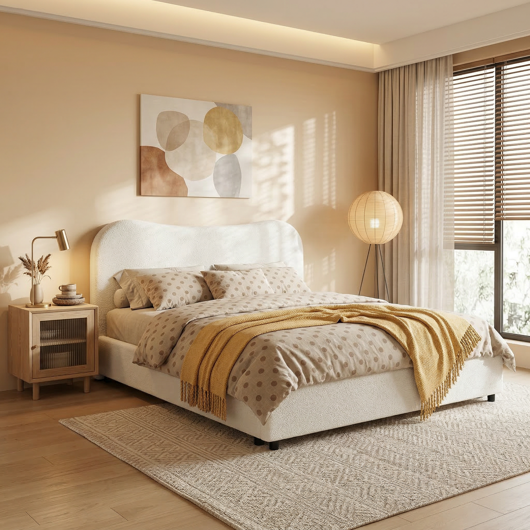 Wave-Shaped Upholstered Platform Bed – 2 Color Options, Queen & King Size