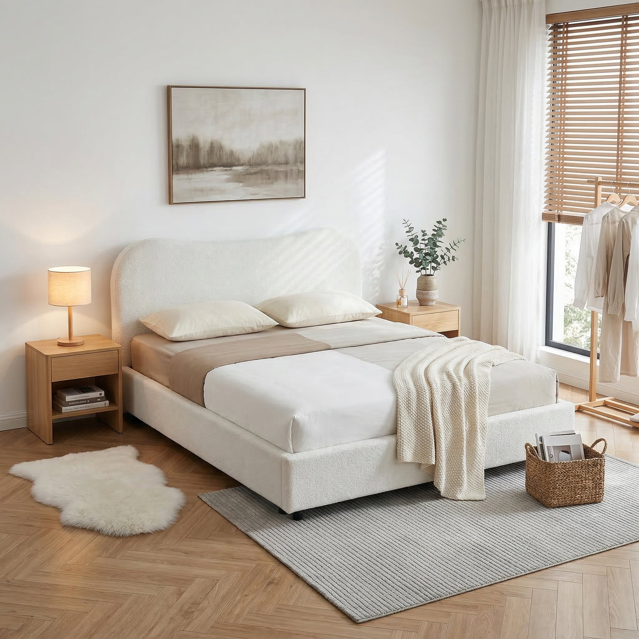 Wave-Shaped Upholstered Platform Bed – 2 Color Options, Queen & King Size
