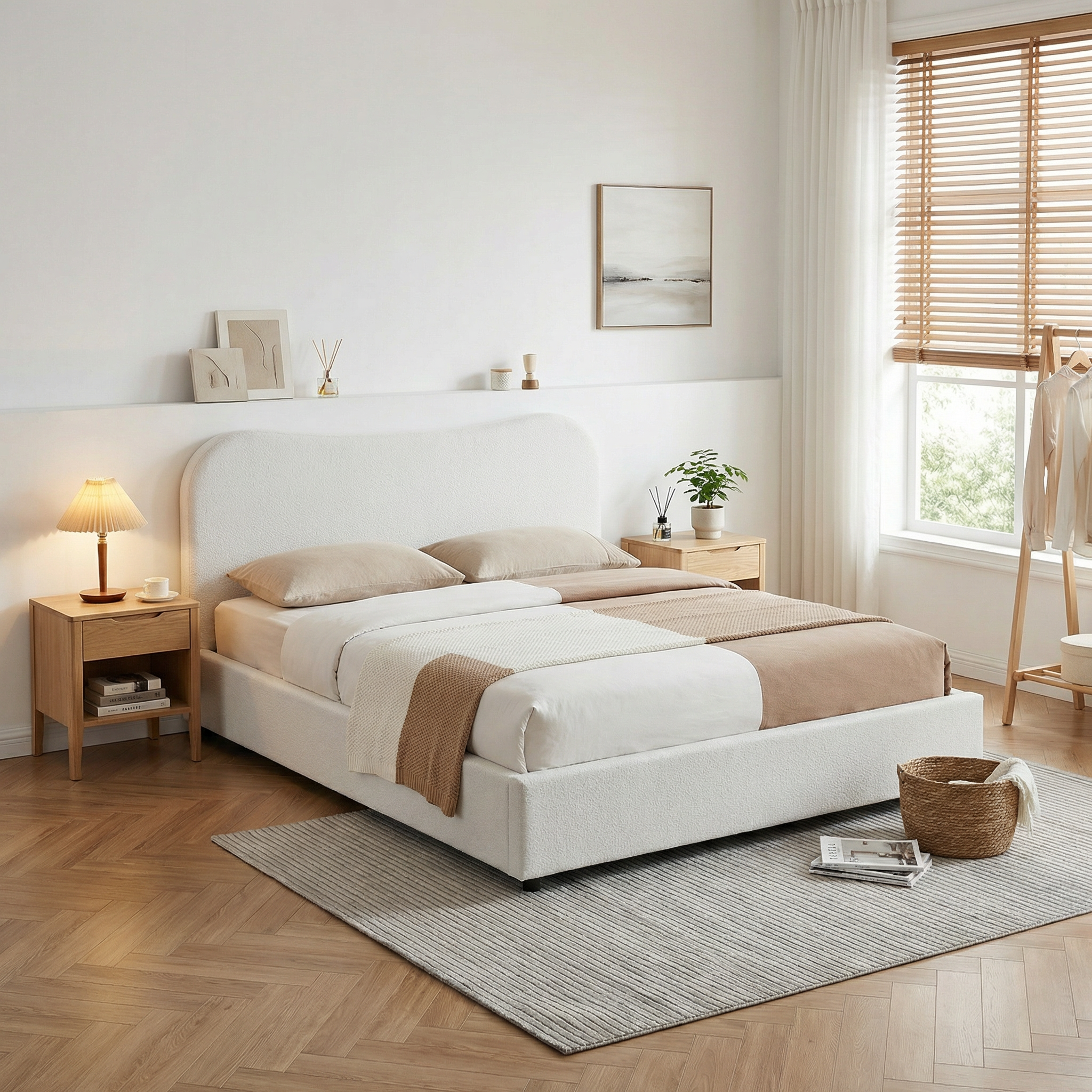 Wave-Shaped Upholstered Platform Bed – 2 Color Options, Queen & King Size
