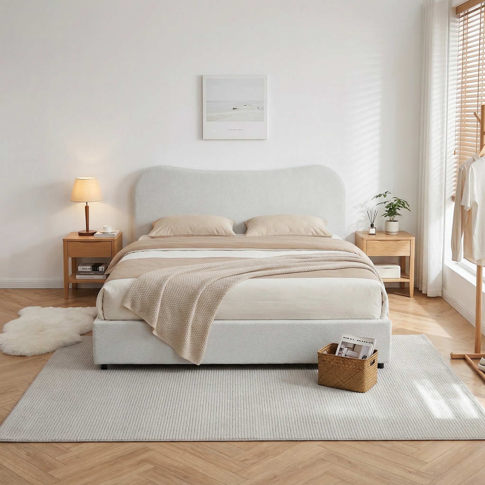 Wave-Shaped Upholstered Platform Bed – 2 Color Options, Queen & King Size