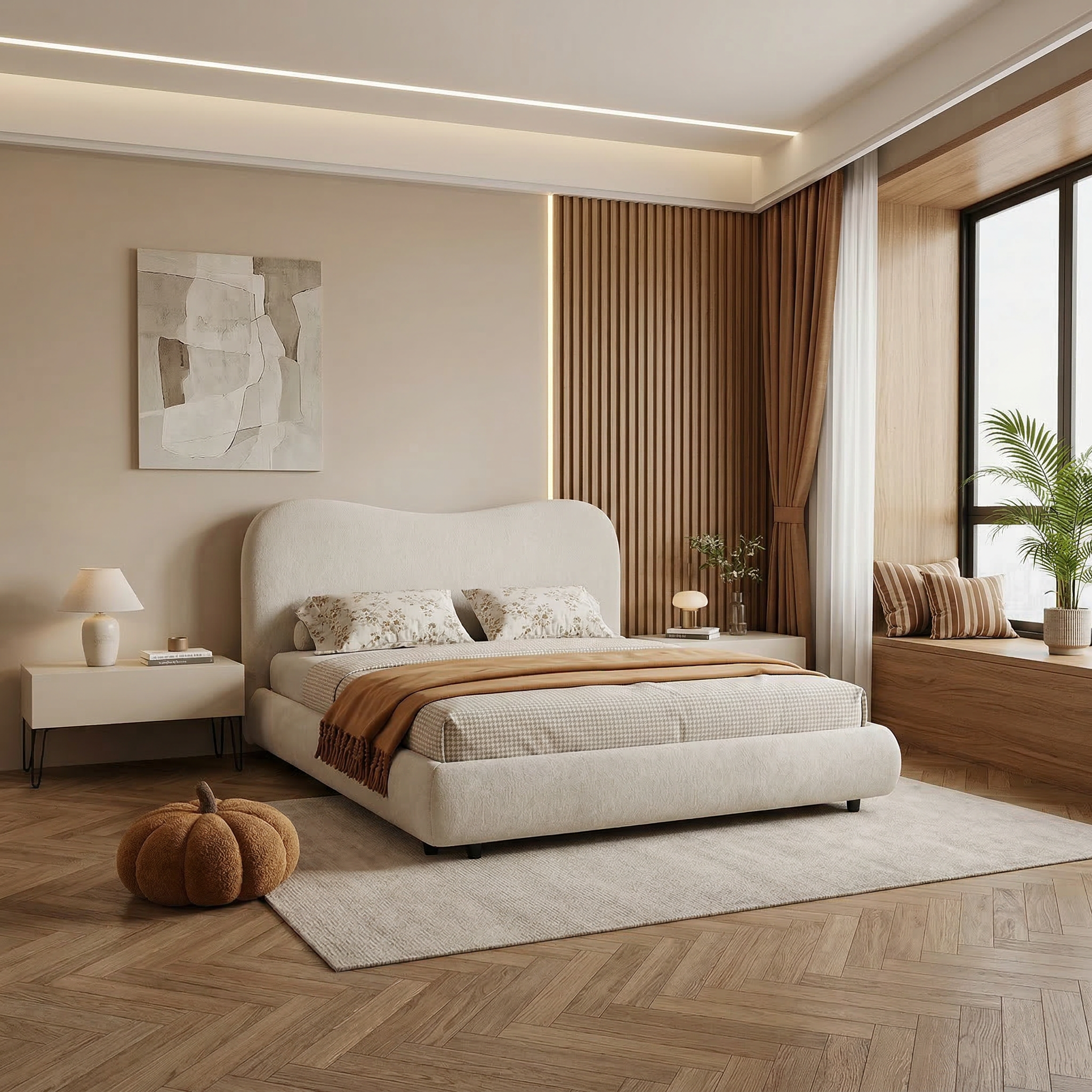 Wave-Shaped Upholstered Platform Bed – Queen & King Size