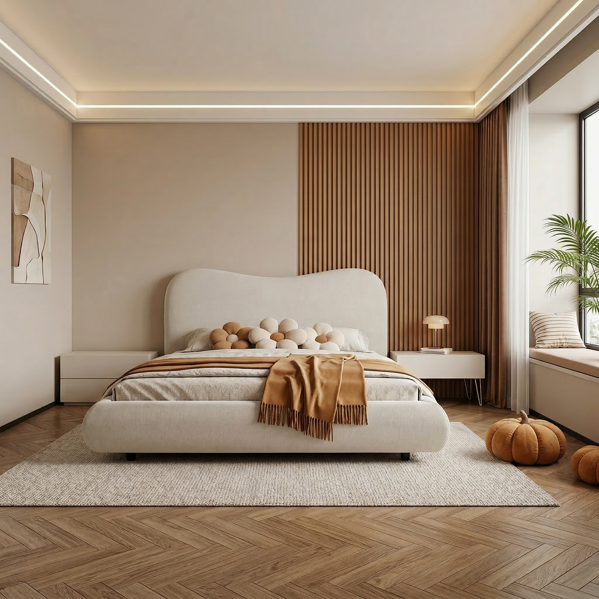 Wave-Shaped Upholstered Platform Bed – Queen & King Size