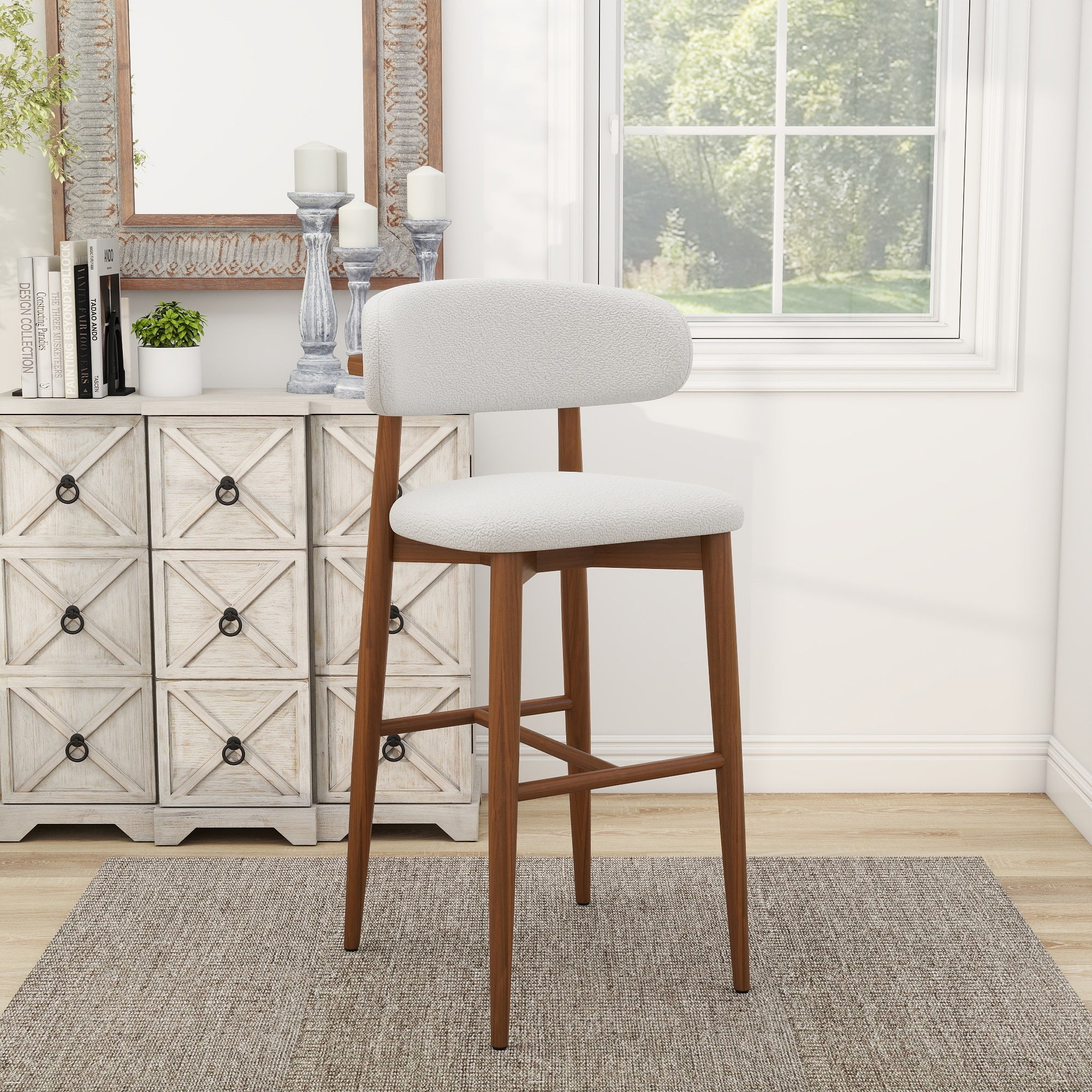 Lambswool Bar Stool with Walnut Wood Frame | Modern Luxury High Chair