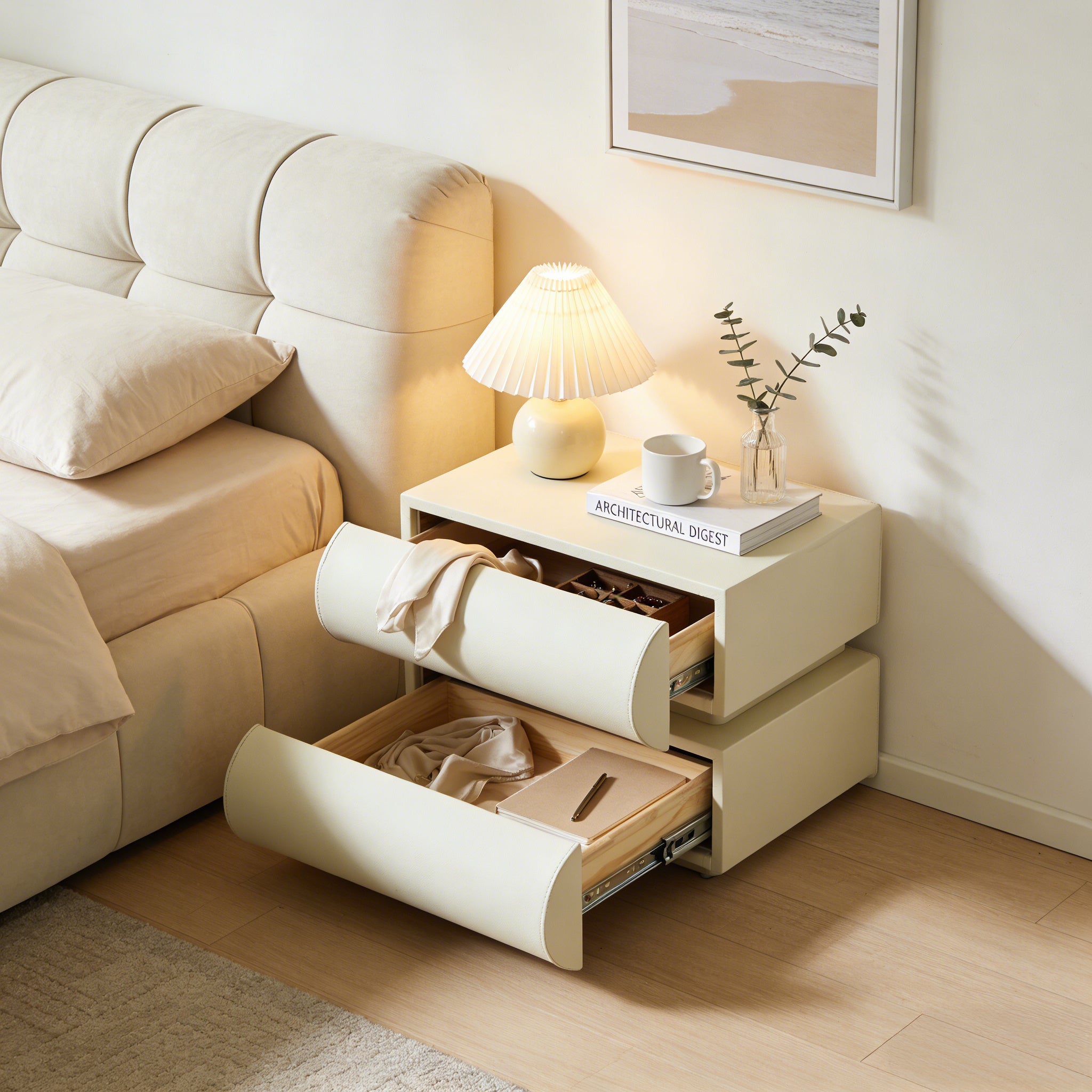 Cream Upholstered Nightstand with 2 Drawers | Light Luxury Bedroom