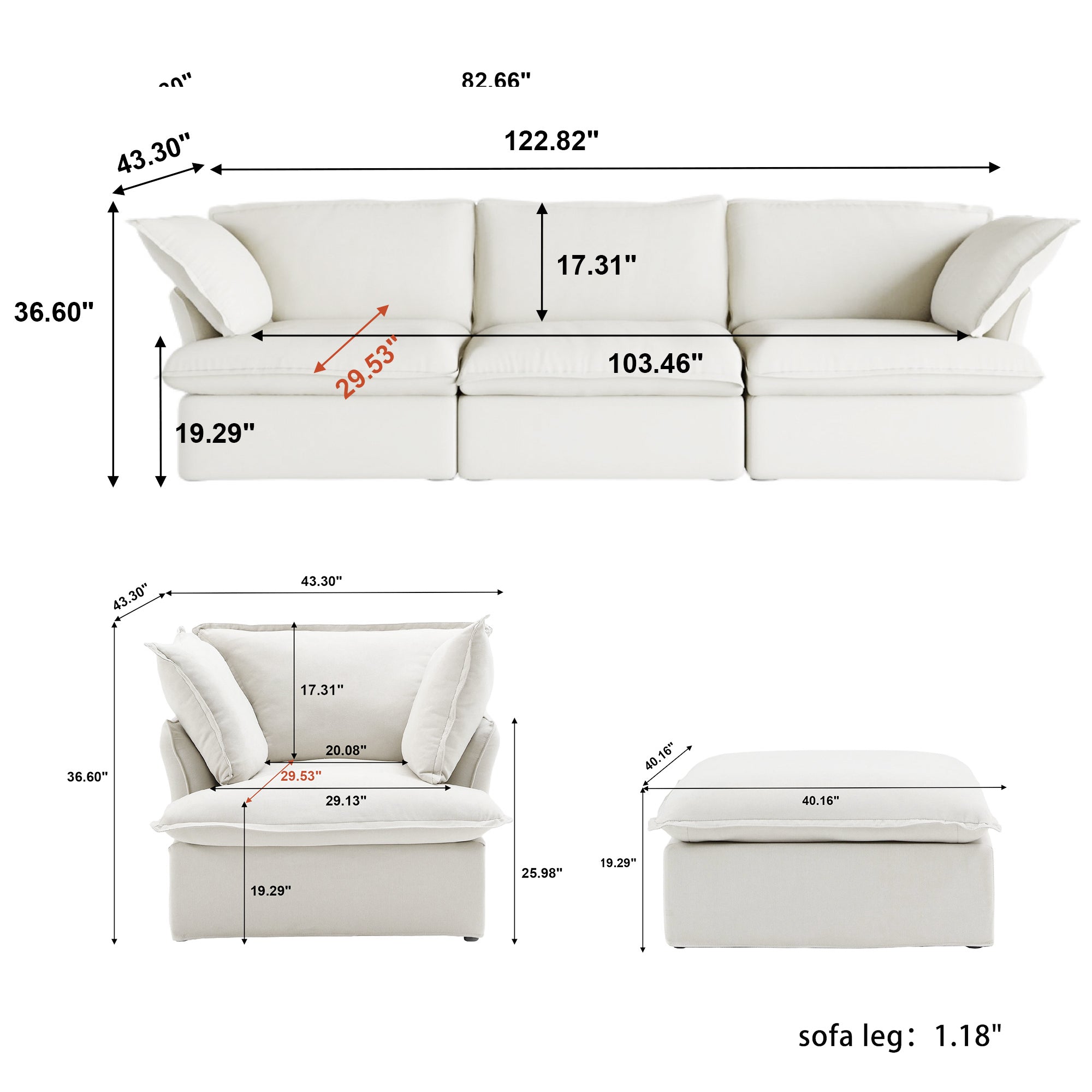 TH Classic Linen Cloud Sectional Modular Sofa | Replaceable Cover Linen Sofa Sets 5-Seaters