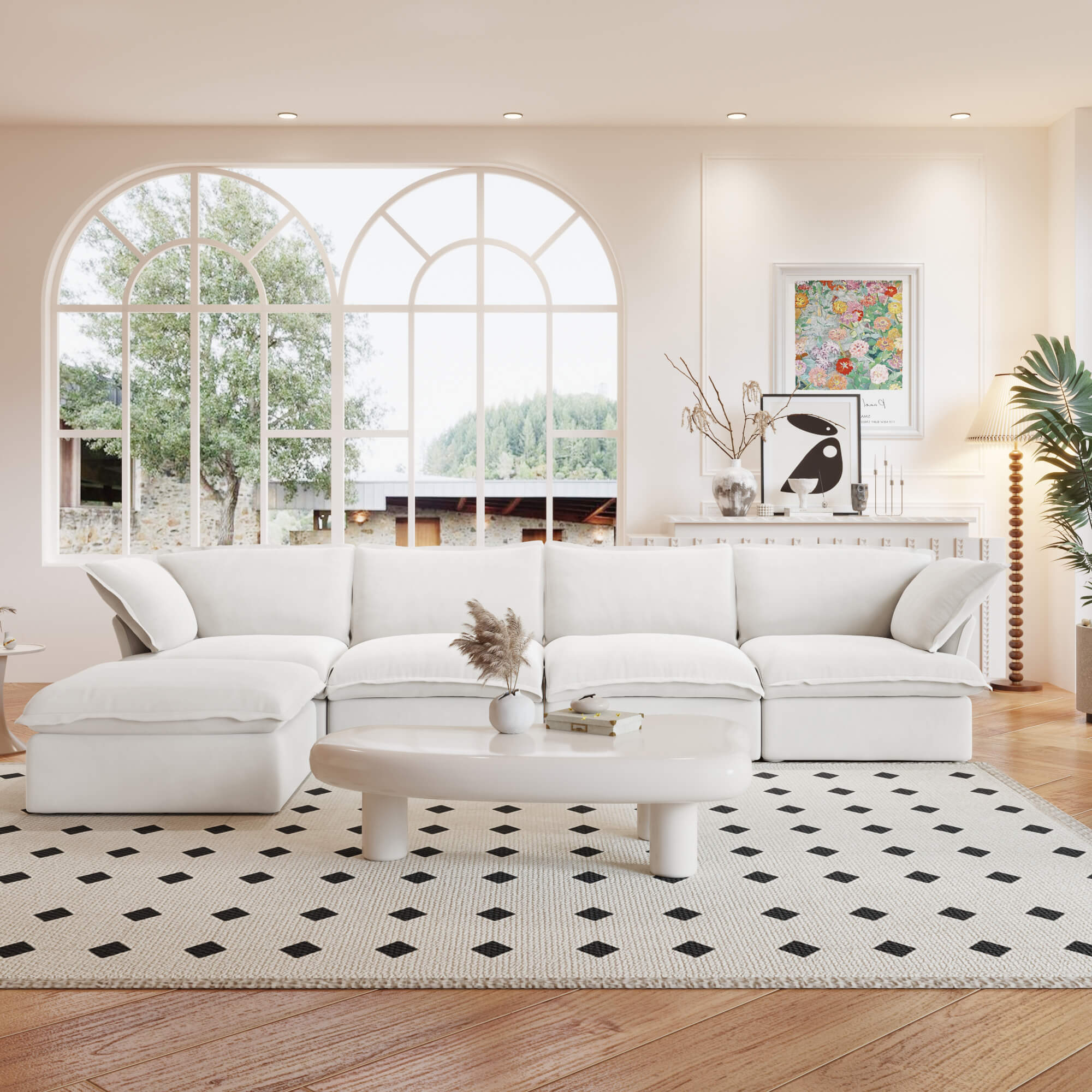 TH Classic Linen Cloud Sectional Modular Sofa | Washable Cover 162-Inch Linen L-Shaped Sectionals 5-Seaters