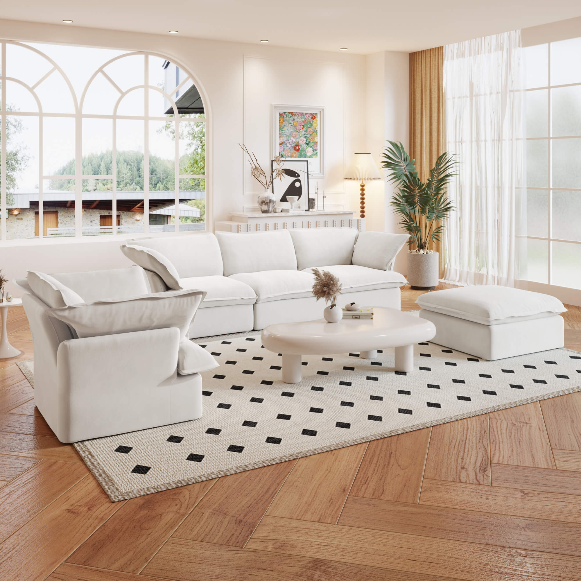 TH Classic Linen Cloud Sectional Modular Sofa | Replaceable Cover Linen Sofa Sets 5-Seaters