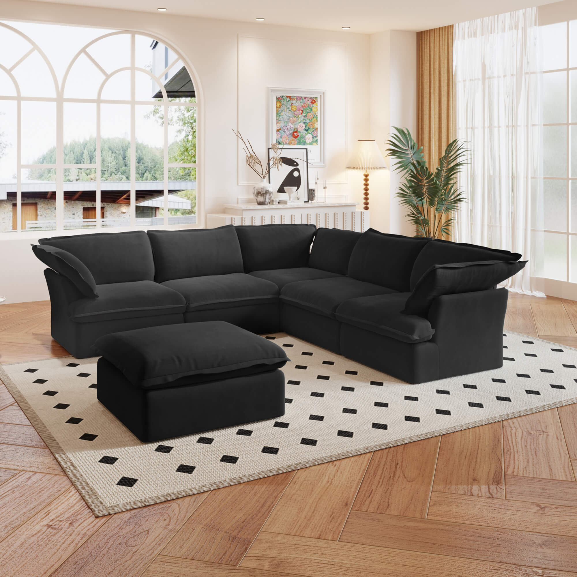 TH Classic Linen Cloud Sectional Modular Sofa | Replaceable Cover 123-Inch Linen Corner Sectionals 6-Seaters