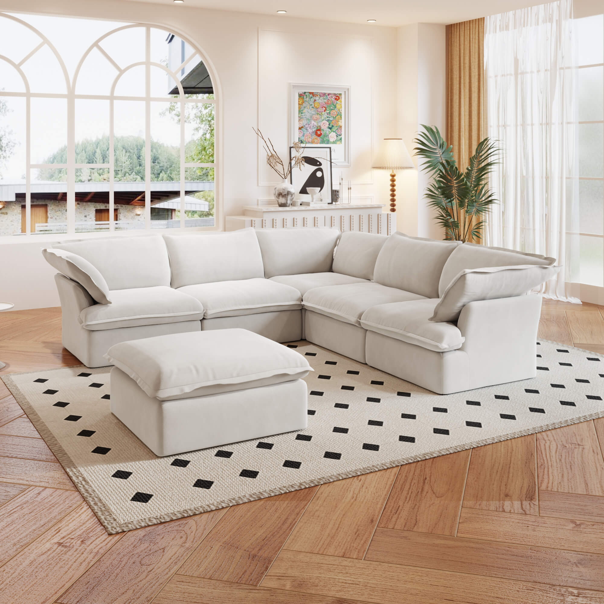 TH Classic Linen Cloud Sectional Modular Sofa | Replaceable Cover 123-Inch Linen Corner Sectionals 6-Seaters