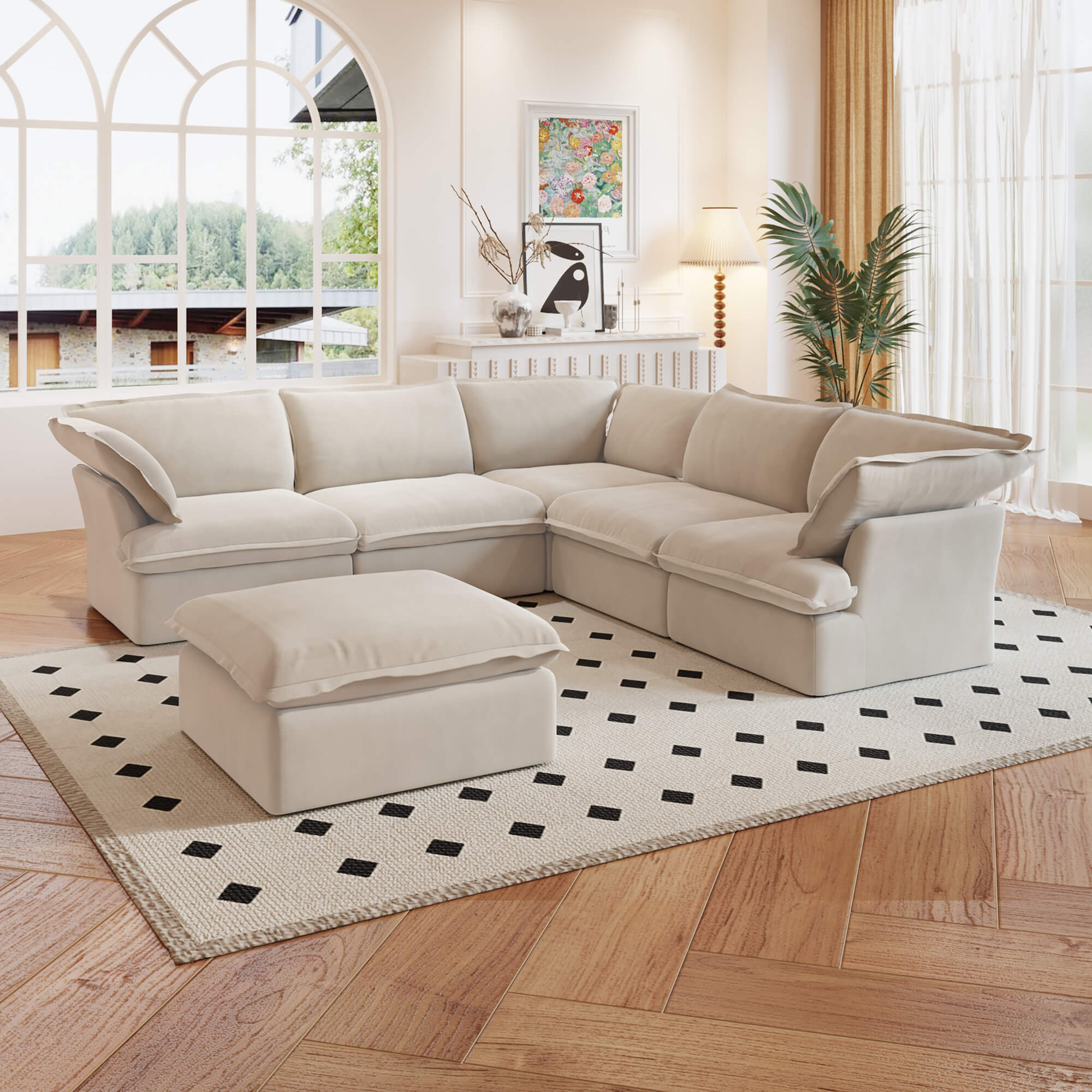 TH Classic Linen Cloud Sectional Modular Sofa | Replaceable Cover 123-Inch Linen Corner Sectionals 6-Seaters