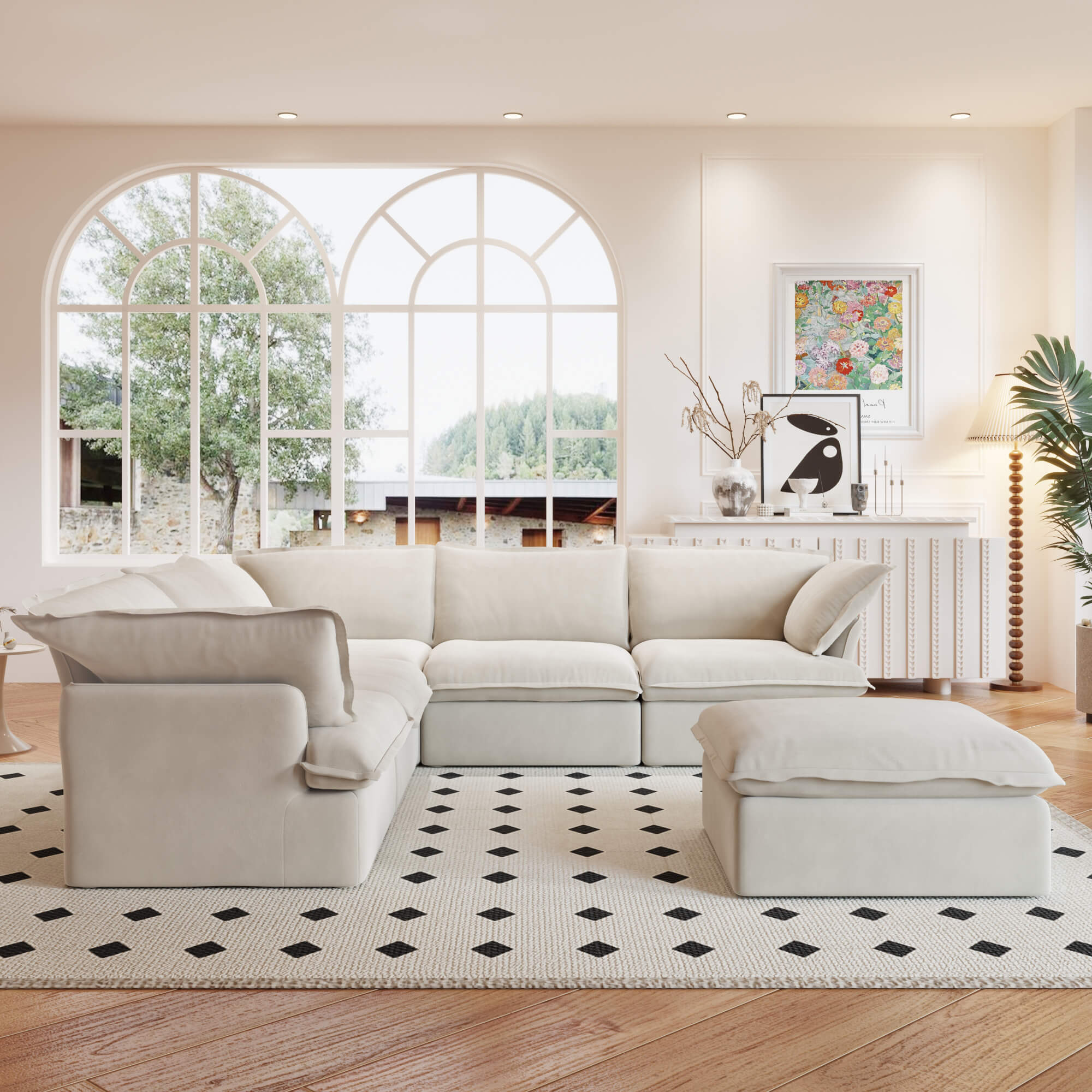 TH Classic Linen Cloud Sectional Modular Sofa | Replaceable Cover 123-Inch Linen Corner Sectionals 6-Seaters