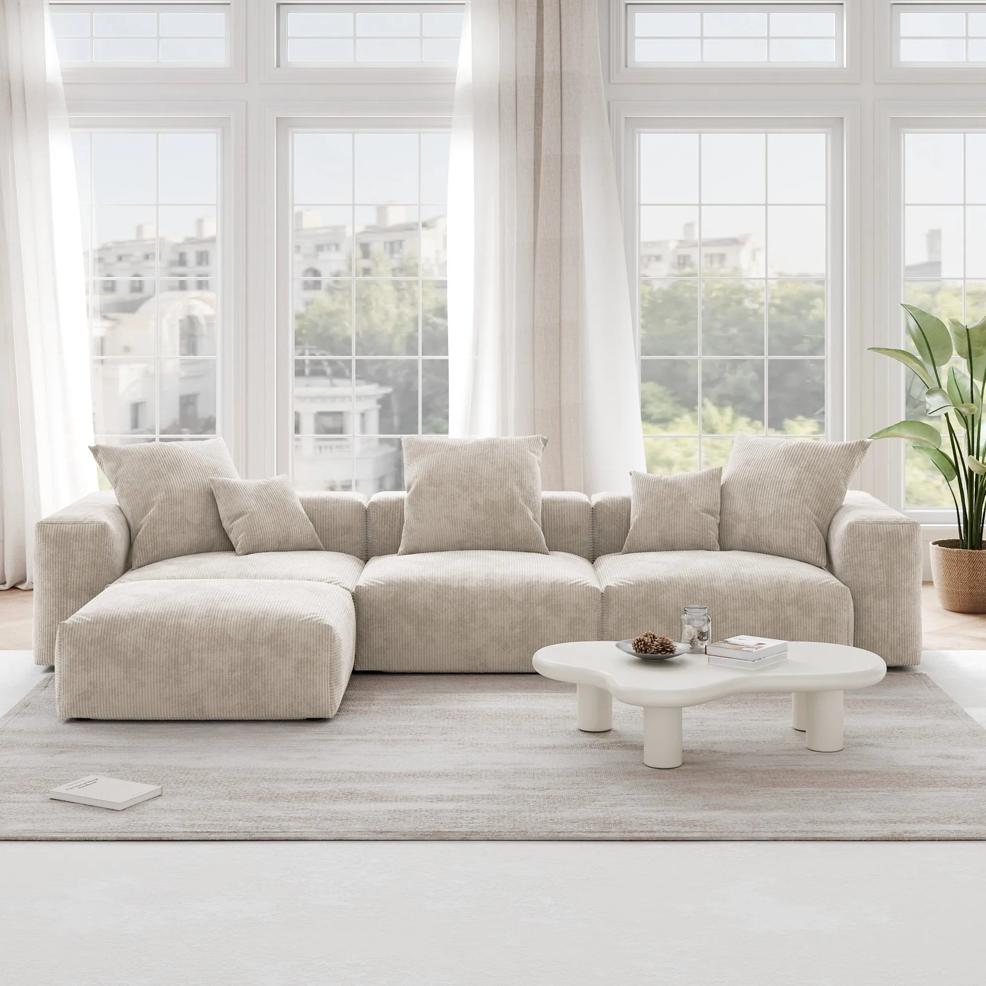 TH Pixel Modern Sectional Modular Sofa | Modular Comfort Corduroy L-Shaped Sectionals 4-Seaters
