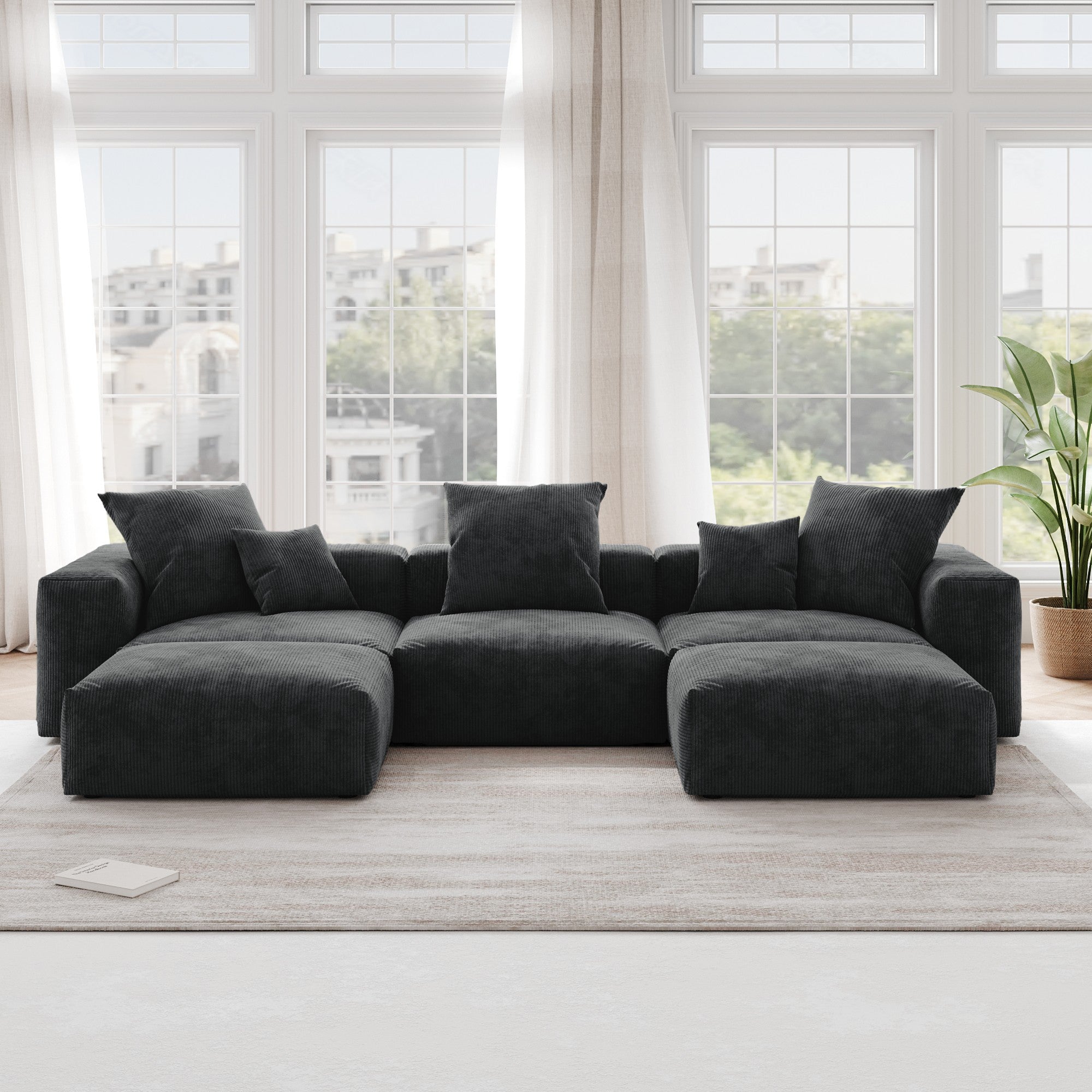 TH Pixel Modern Sectional Modular Sofa | Modular Comfort 142-Inch Corduroy U-Shaped Sectionals 5-Seaters