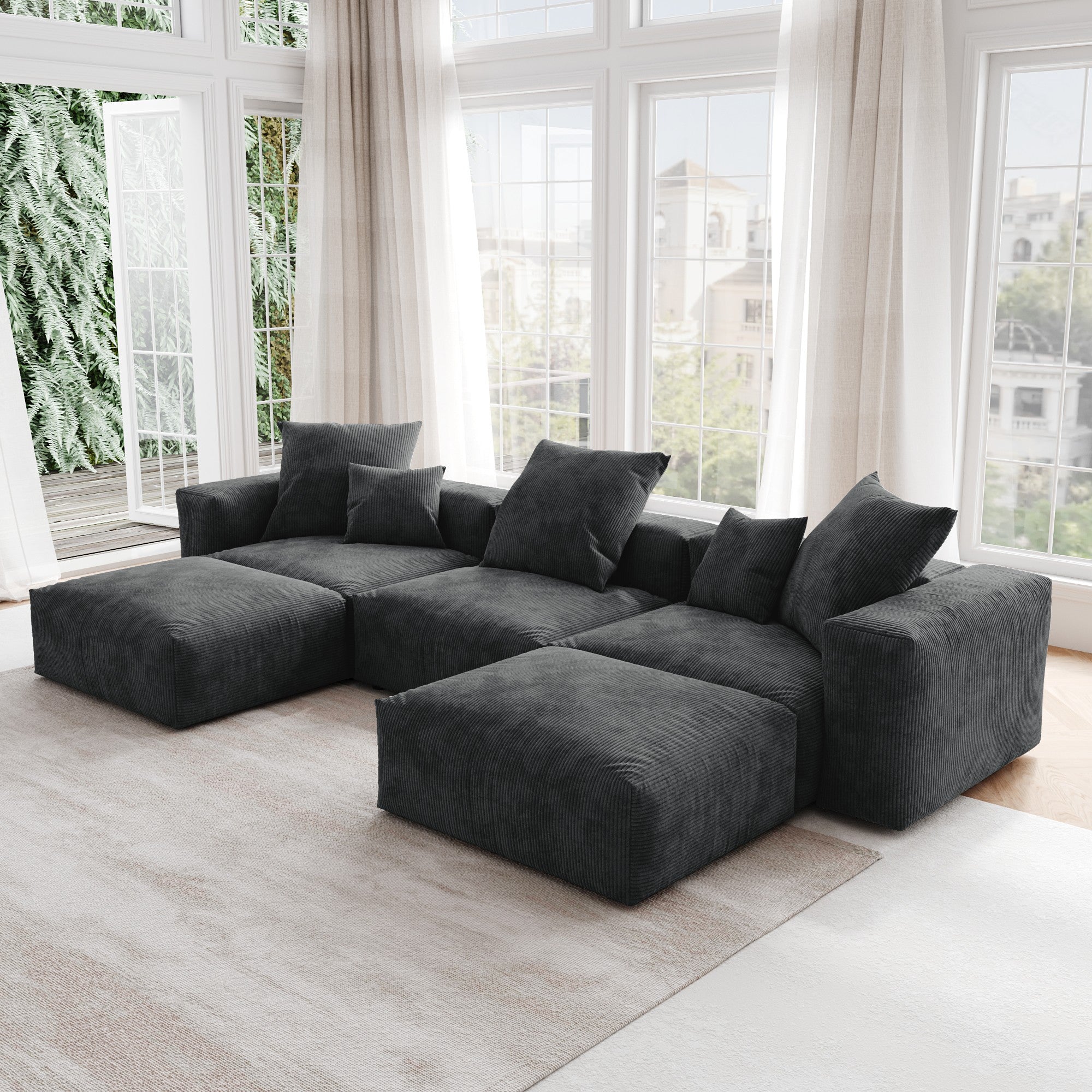 TH Pixel Modern Sectional Modular Sofa | Modular Comfort 142-Inch Corduroy U-Shaped Sectionals 5-Seaters