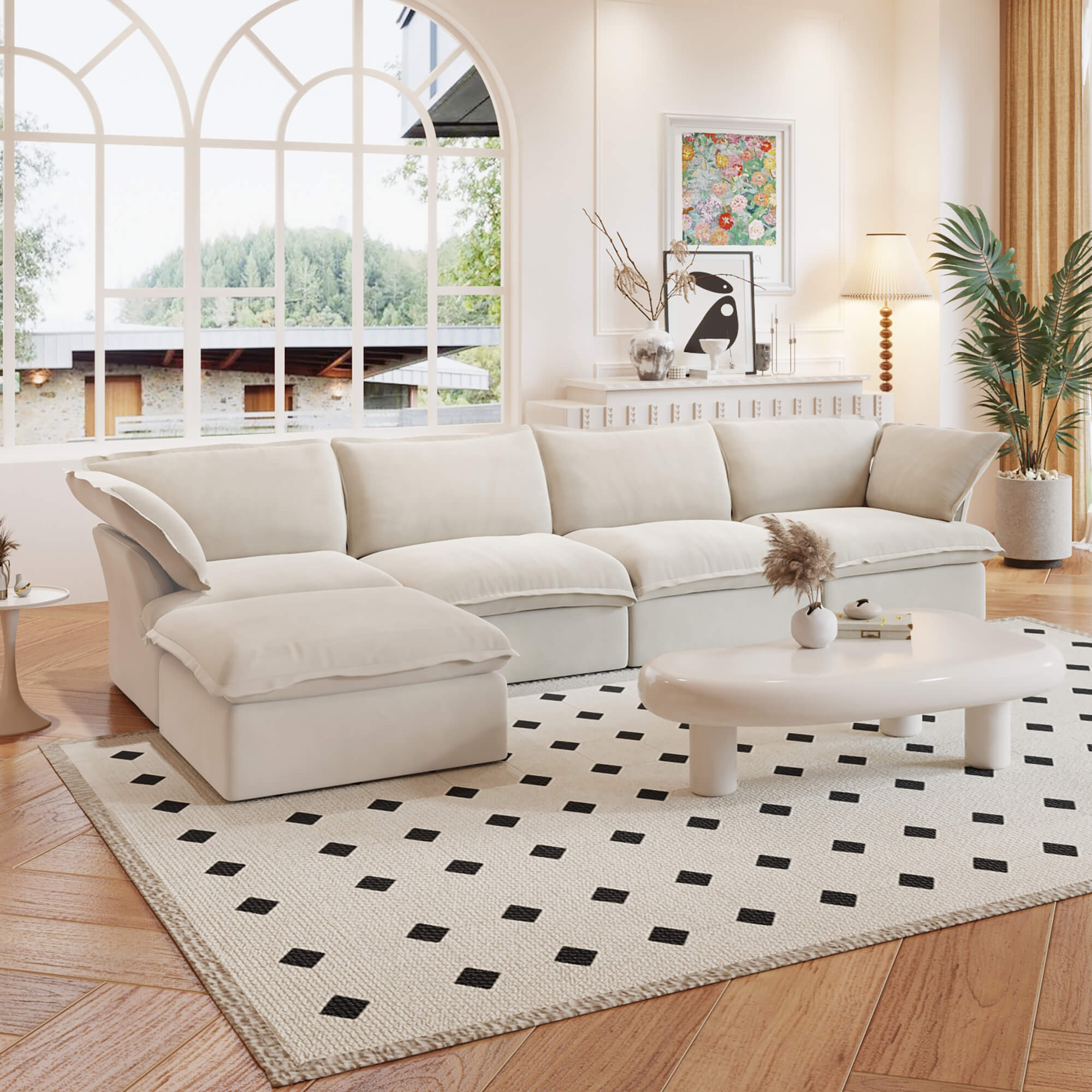 TH Classic Linen Cloud Sectional Modular Sofa | Washable Cover 162-Inch Linen L-Shaped Sectionals 5-Seaters