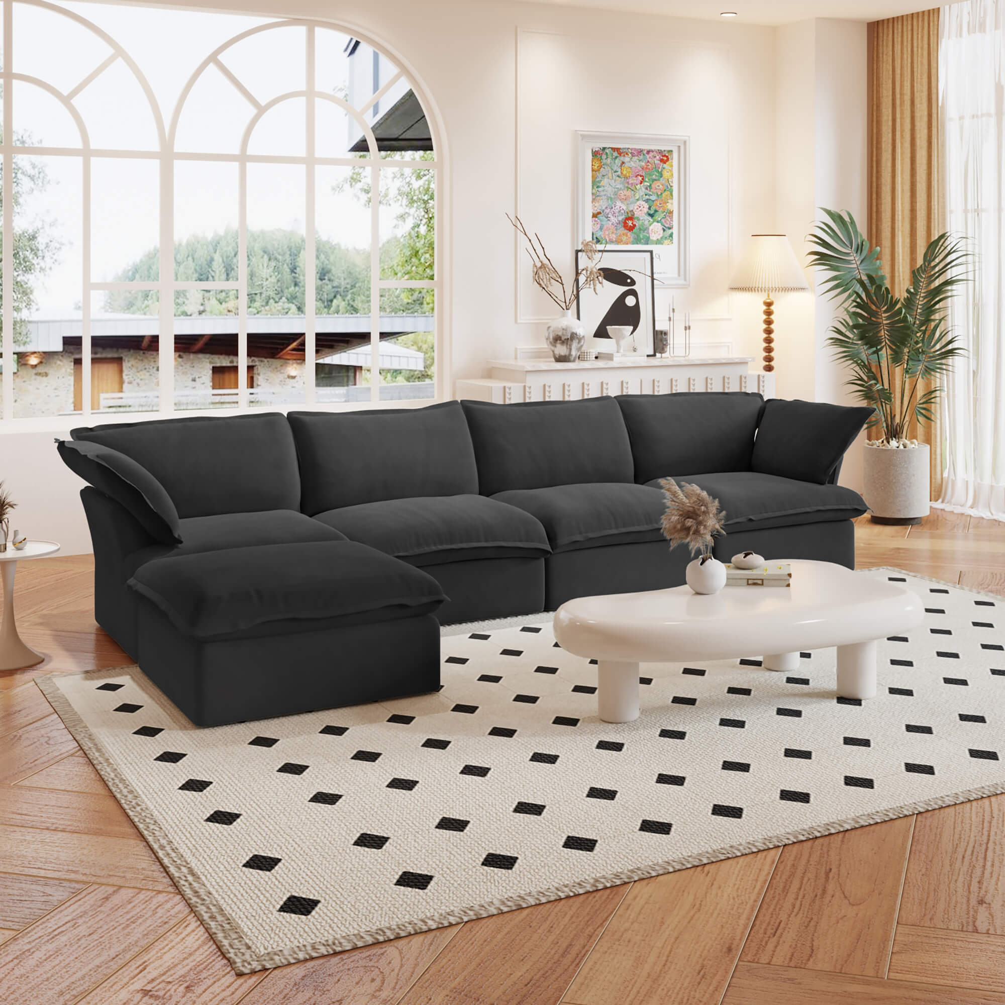 TH Classic Linen Cloud Sectional Modular Sofa | Washable Cover 162-Inch Linen L-Shaped Sectionals 5-Seaters