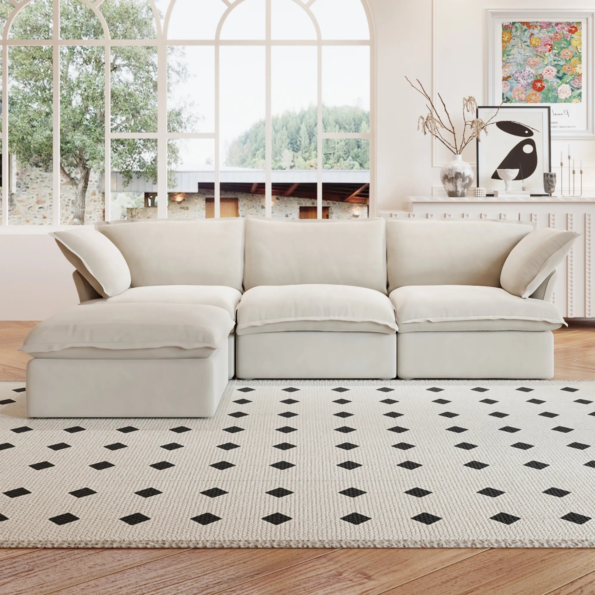 TH Classic Linen Cloud Sectional Modular Sofa | Modular Washable 122-Inch Linen L-Shaped Sectionals 4-Seaters