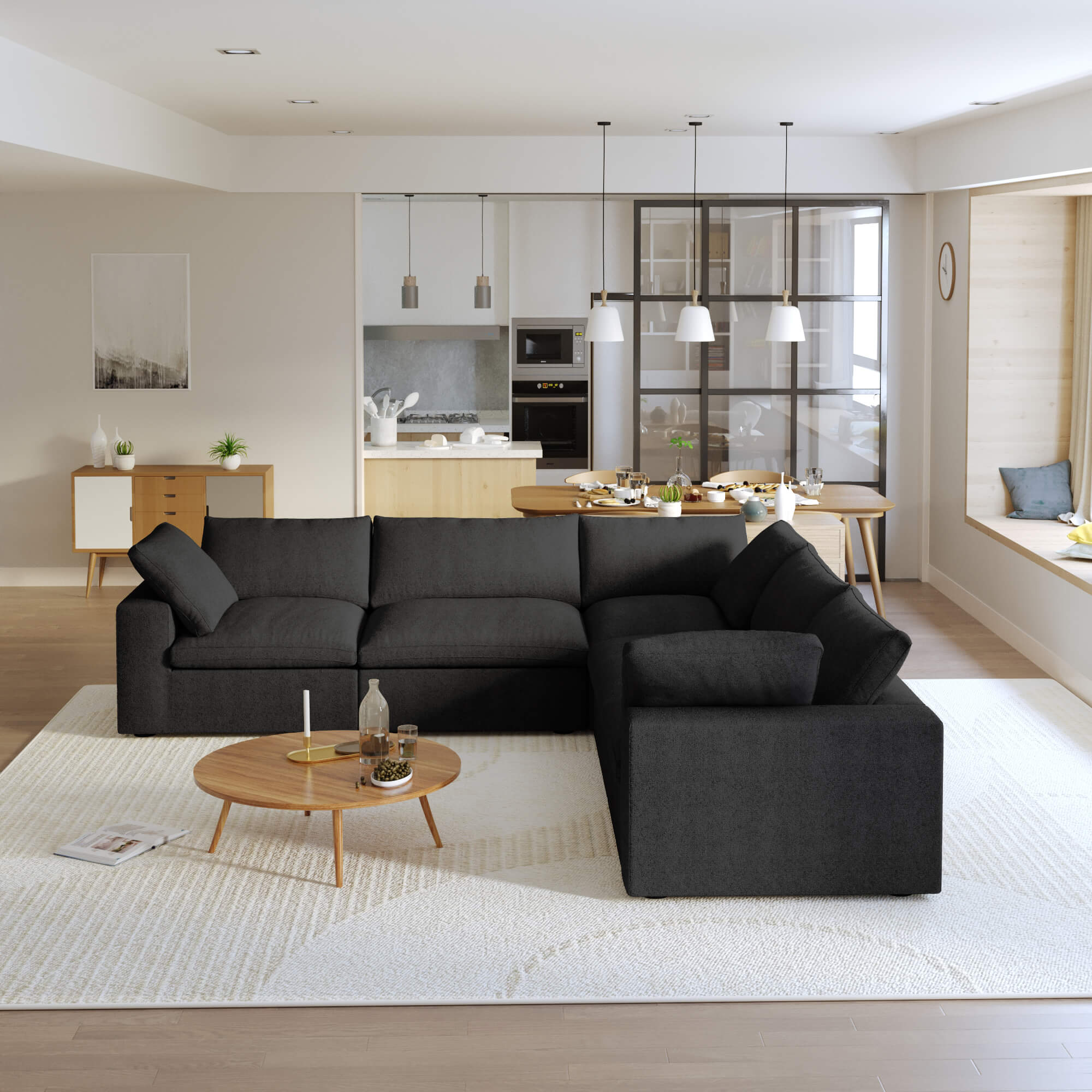 TH Cloud Sectional Modular Sofa | Washable Cover 120-Inch Linen Corner Sectionals 5-Seaters