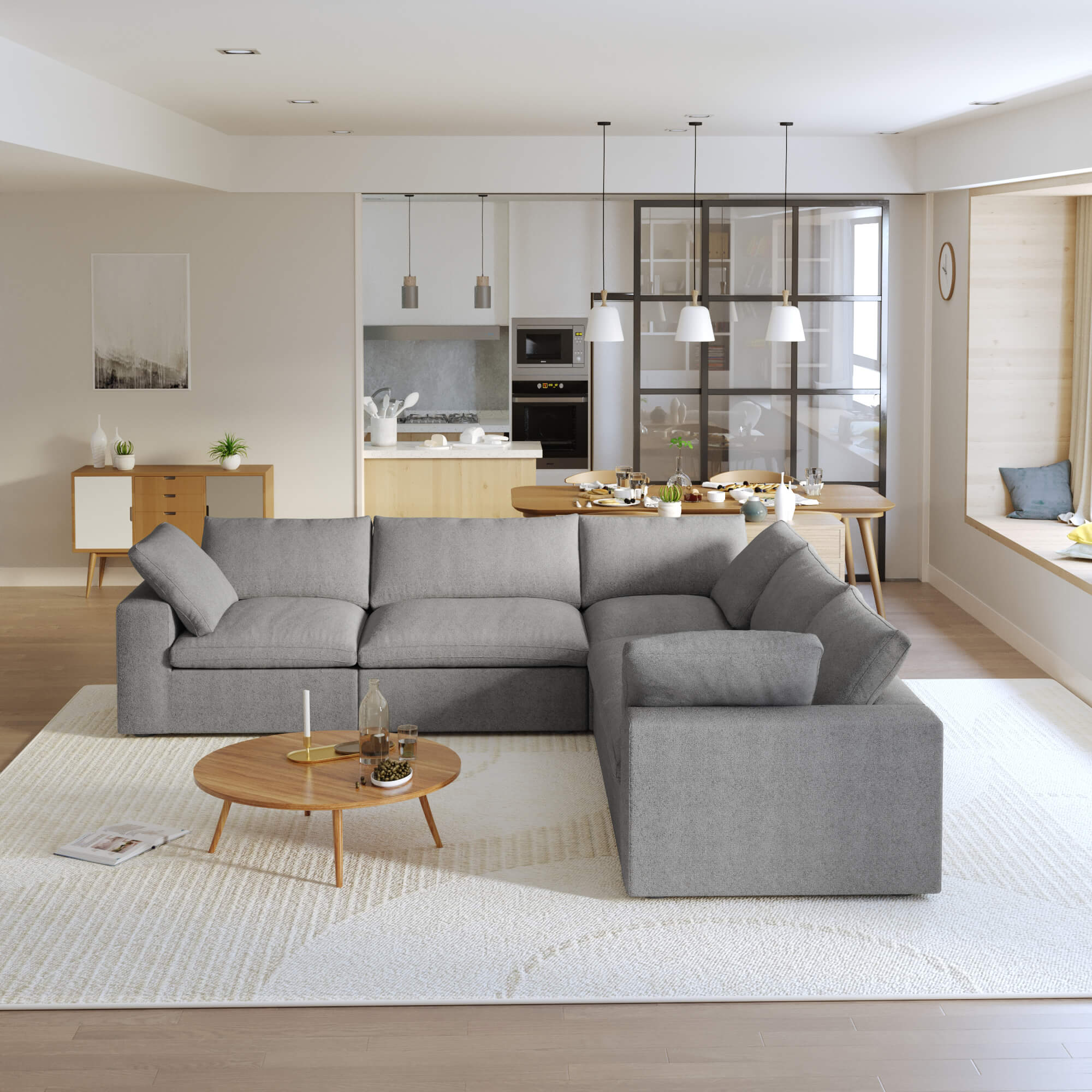 TH Cloud Sectional Modular Sofa | Washable Cover 120-Inch Linen Corner Sectionals 5-Seaters