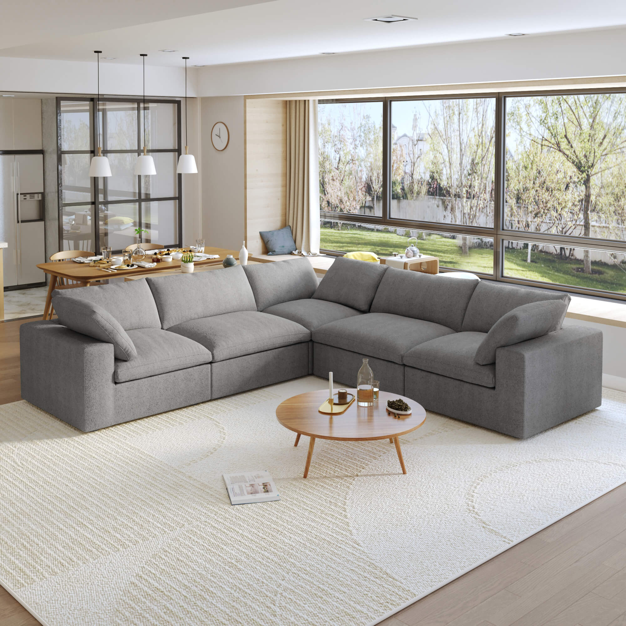 TH Cloud Sectional Modular Sofa | Washable Cover 120-Inch Linen Corner Sectionals 5-Seaters