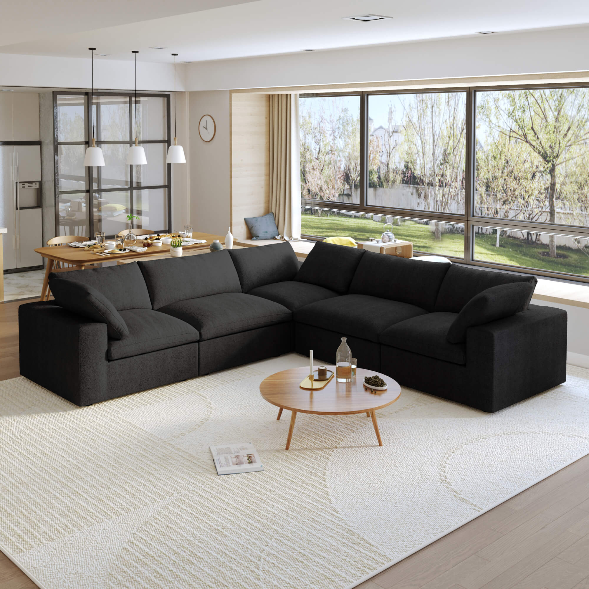 TH Cloud Sectional Modular Sofa | Washable Cover 120-Inch Linen Corner Sectionals 5-Seaters