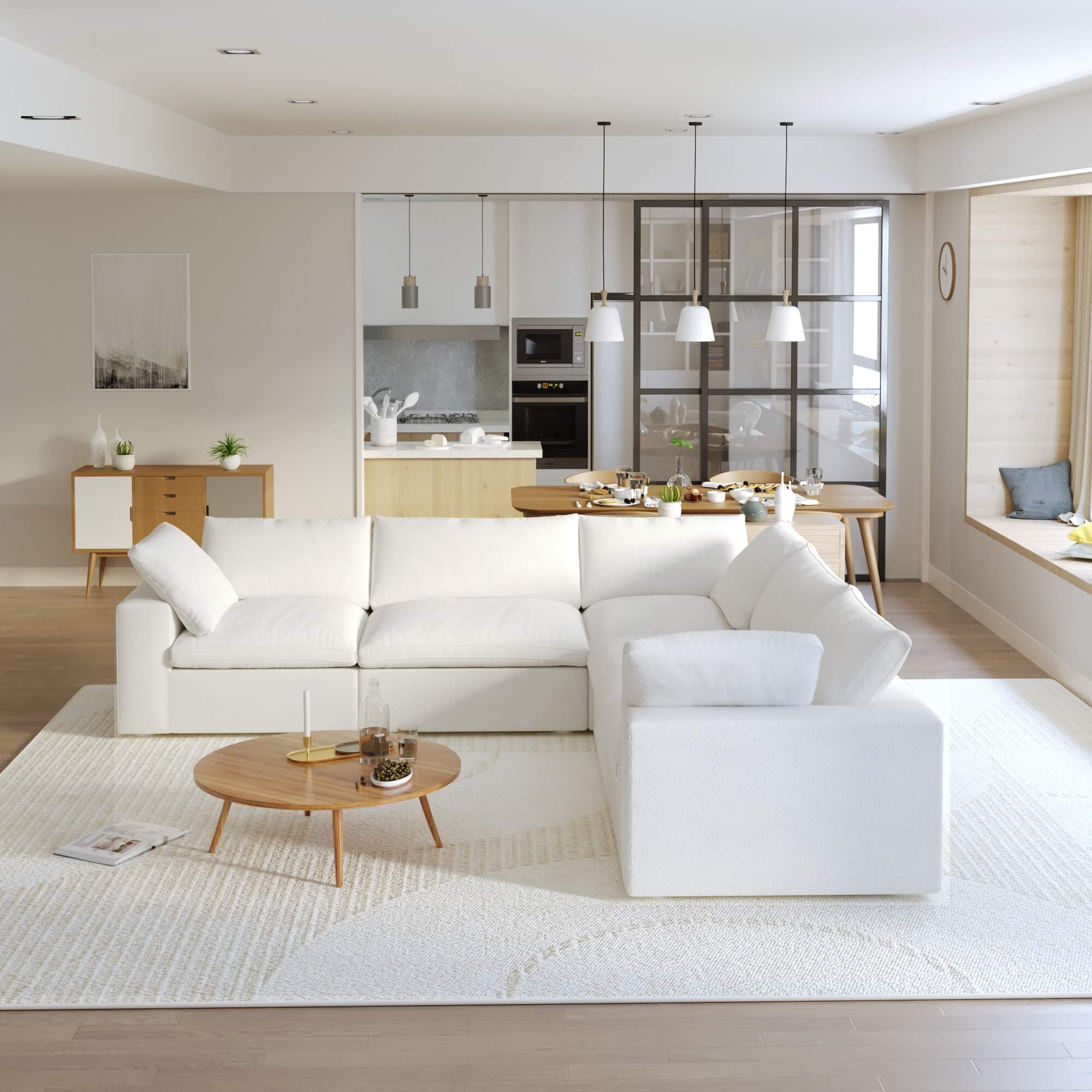 TH Cloud Sectional Modular Sofa | Washable Cover 120-Inch Linen Corner Sectionals 5-Seaters