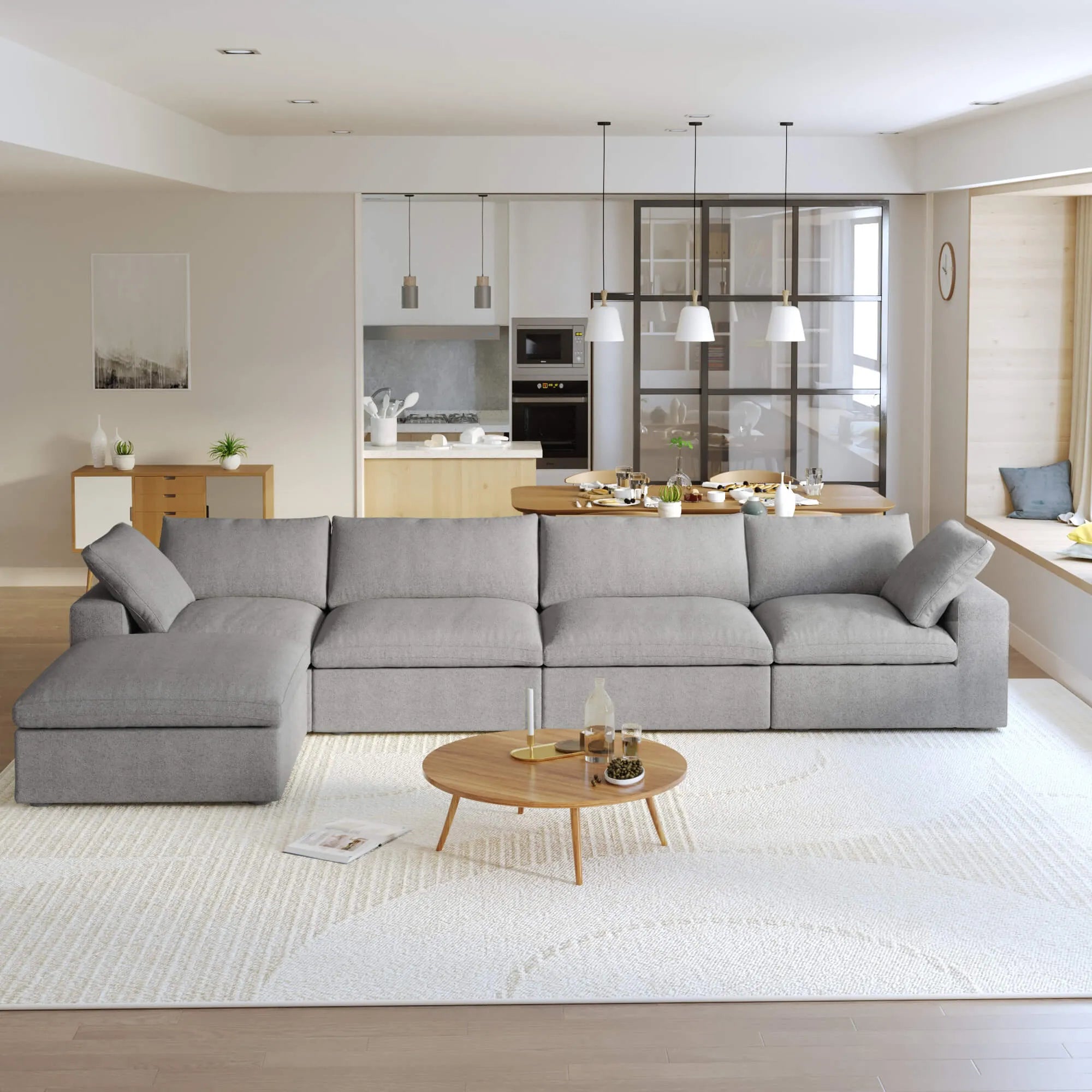 TH Cloud Sectional Modular Sofa | Modular Washable 160-Inch Linen L-Shaped Sectionals 5-Seaters