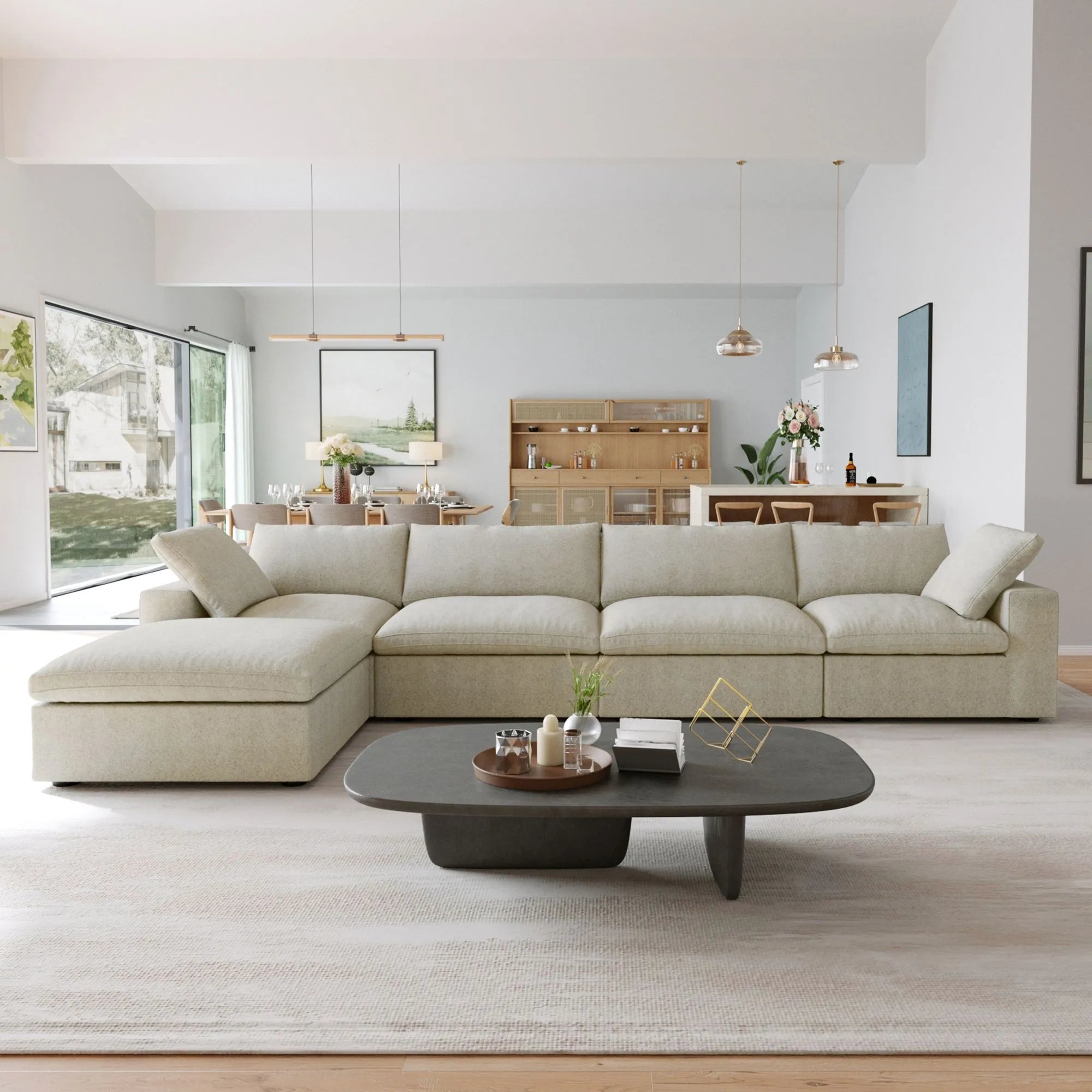 TH Cloud Sectional Modular Sofa | Modular Washable 160-Inch Linen L-Shaped Sectionals 5-Seaters