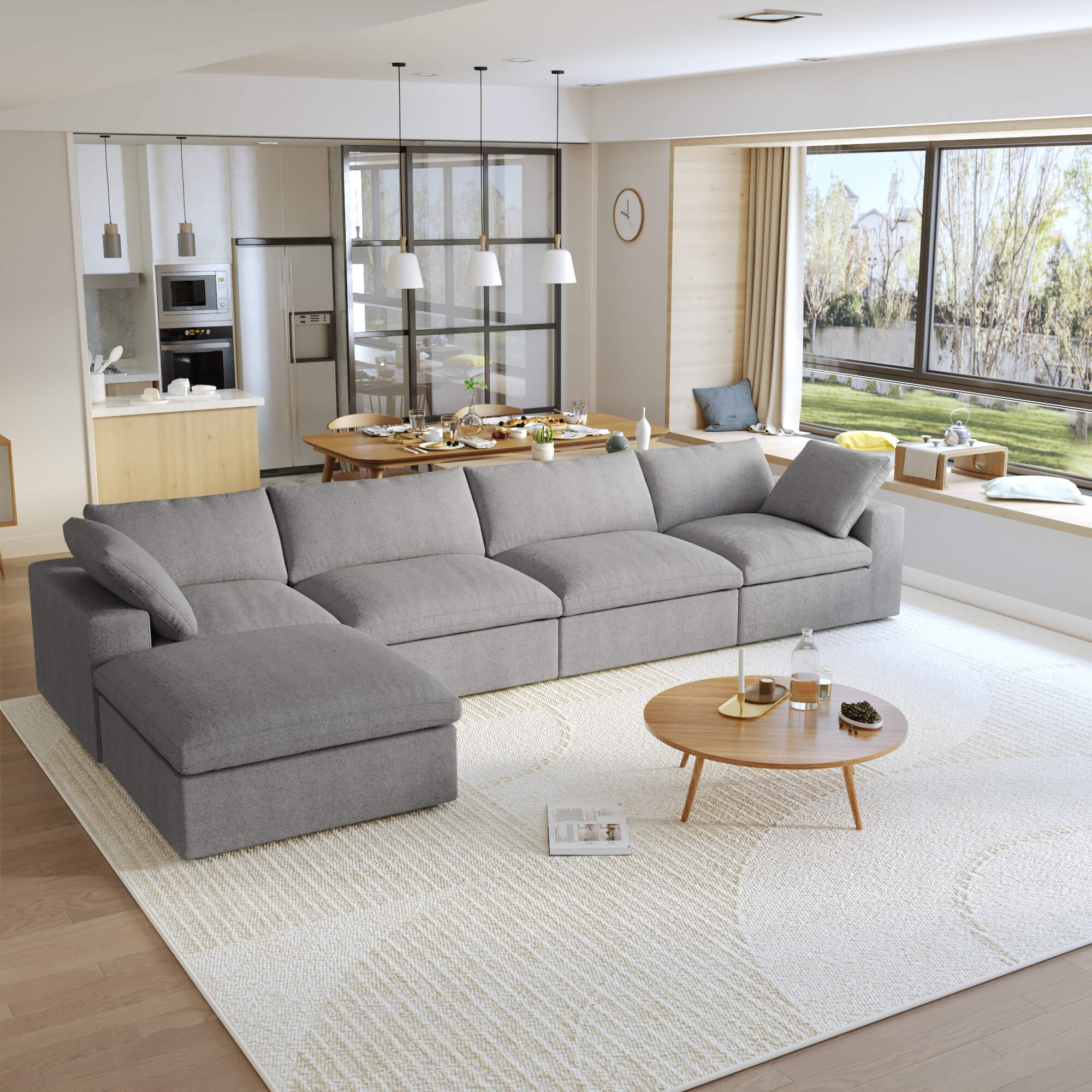 TH Cloud Sectional Modular Sofa | Modular Washable 160-Inch Linen L-Shaped Sectionals 5-Seaters